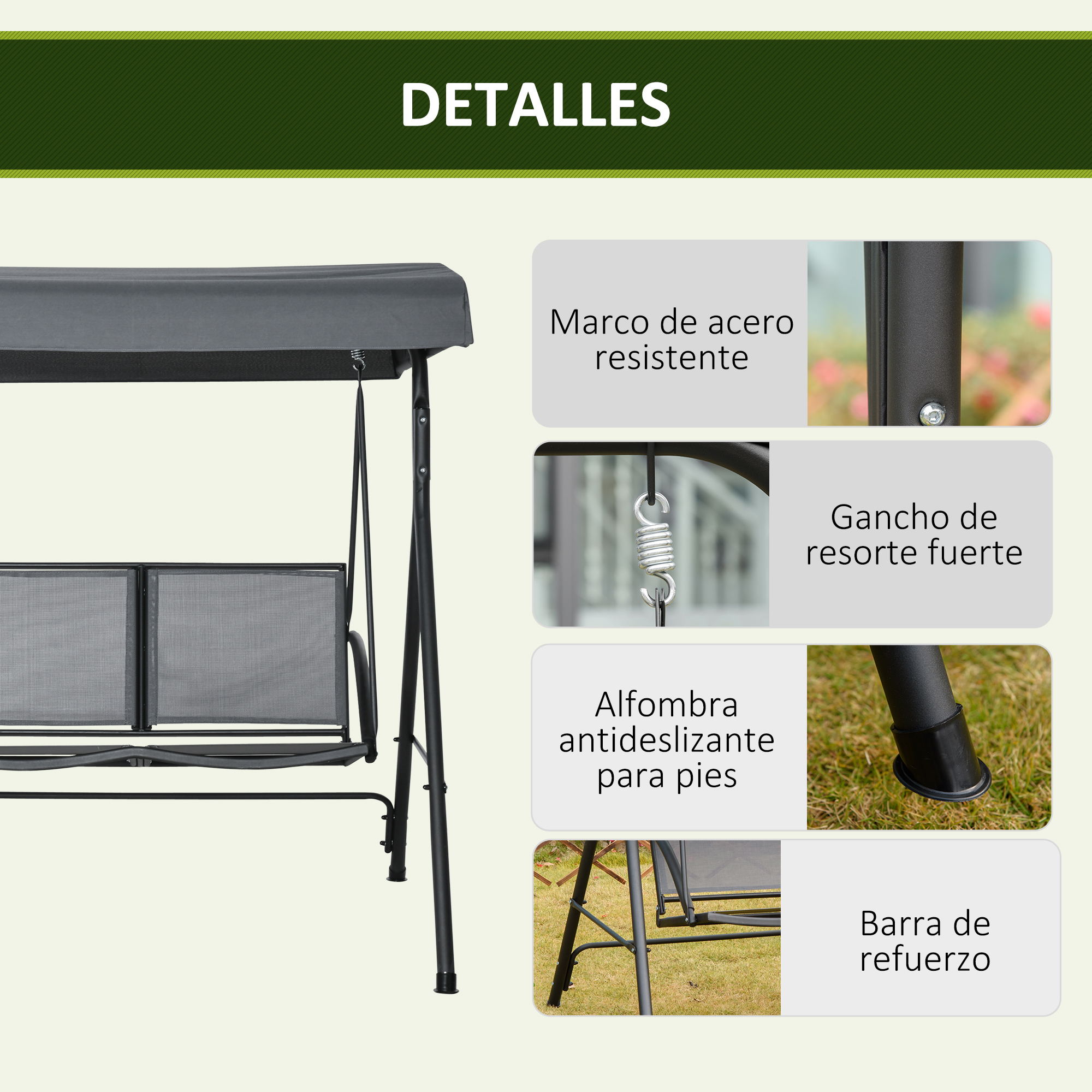 Detalles del marco metálico resistente, gancho de resorte y reposapiés de un columpio.