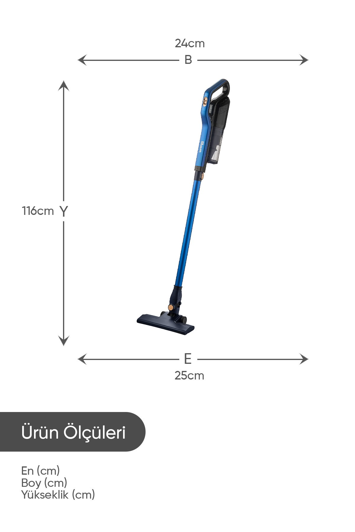 Mavi dikey süpürge boyutları: Yükseklik 116cm, Genişlik 24cm, Derinlik 25cm.