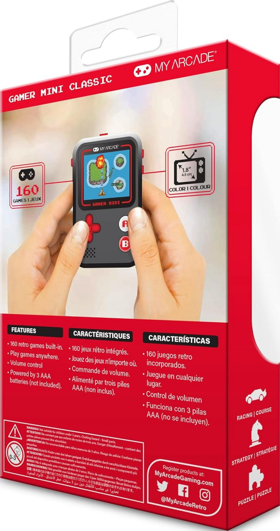 Embalaje de un dispositivo de juego portátil "Gamer Mini Classic" con 160 juegos.