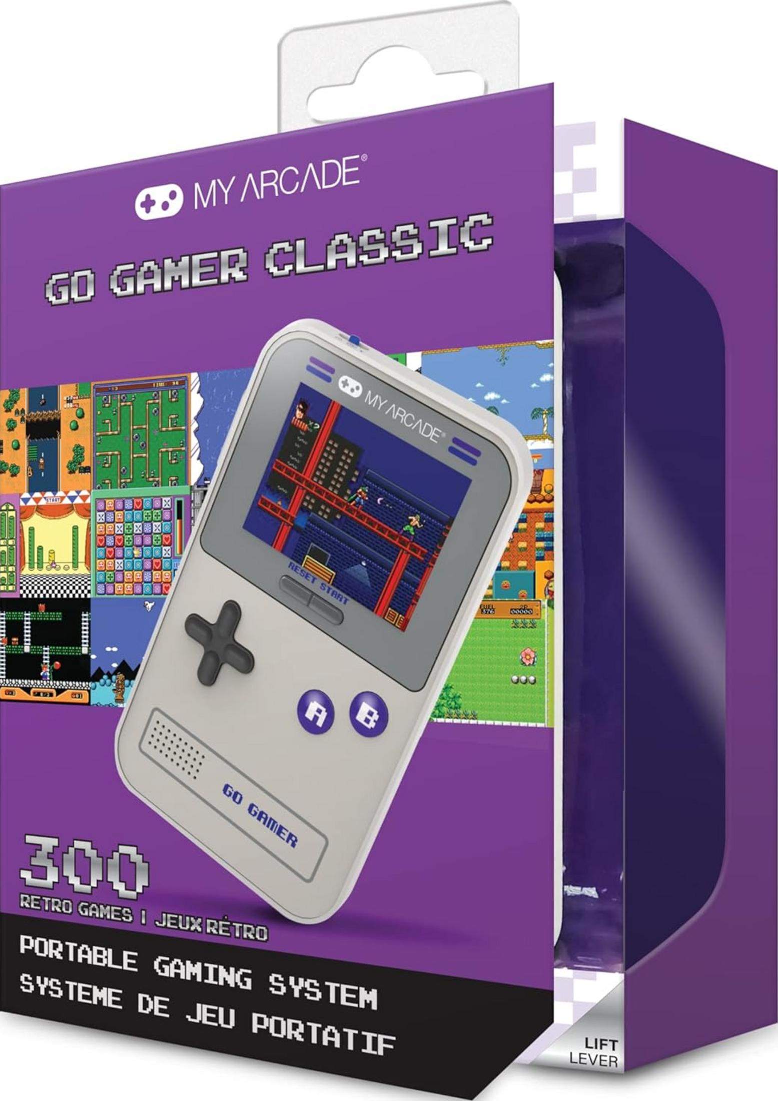 Scatola per un sistema di gioco portatile retrò con un dispositivo portatile grigio.