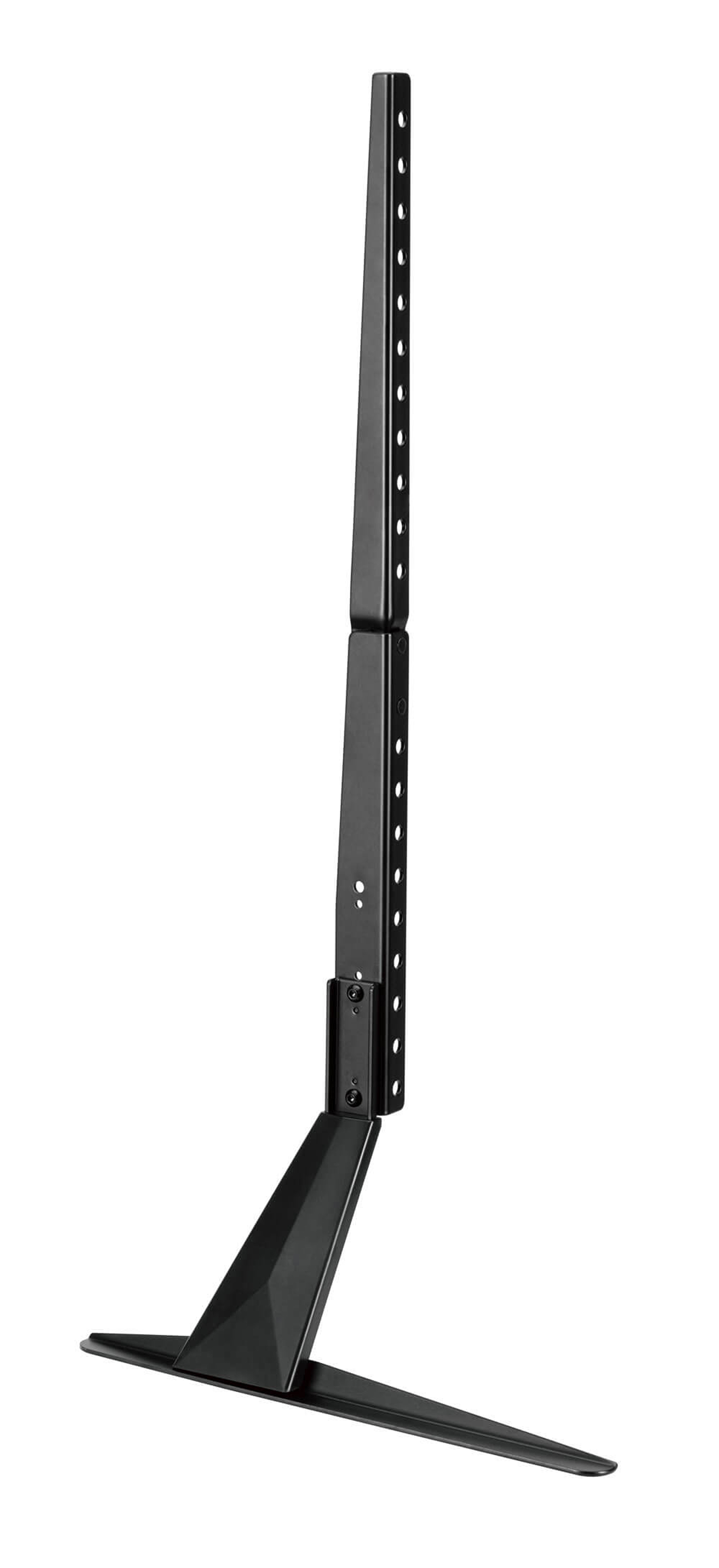 Schwarzer TV-Ständer mit verstellbarem Mast und breiter Basis.