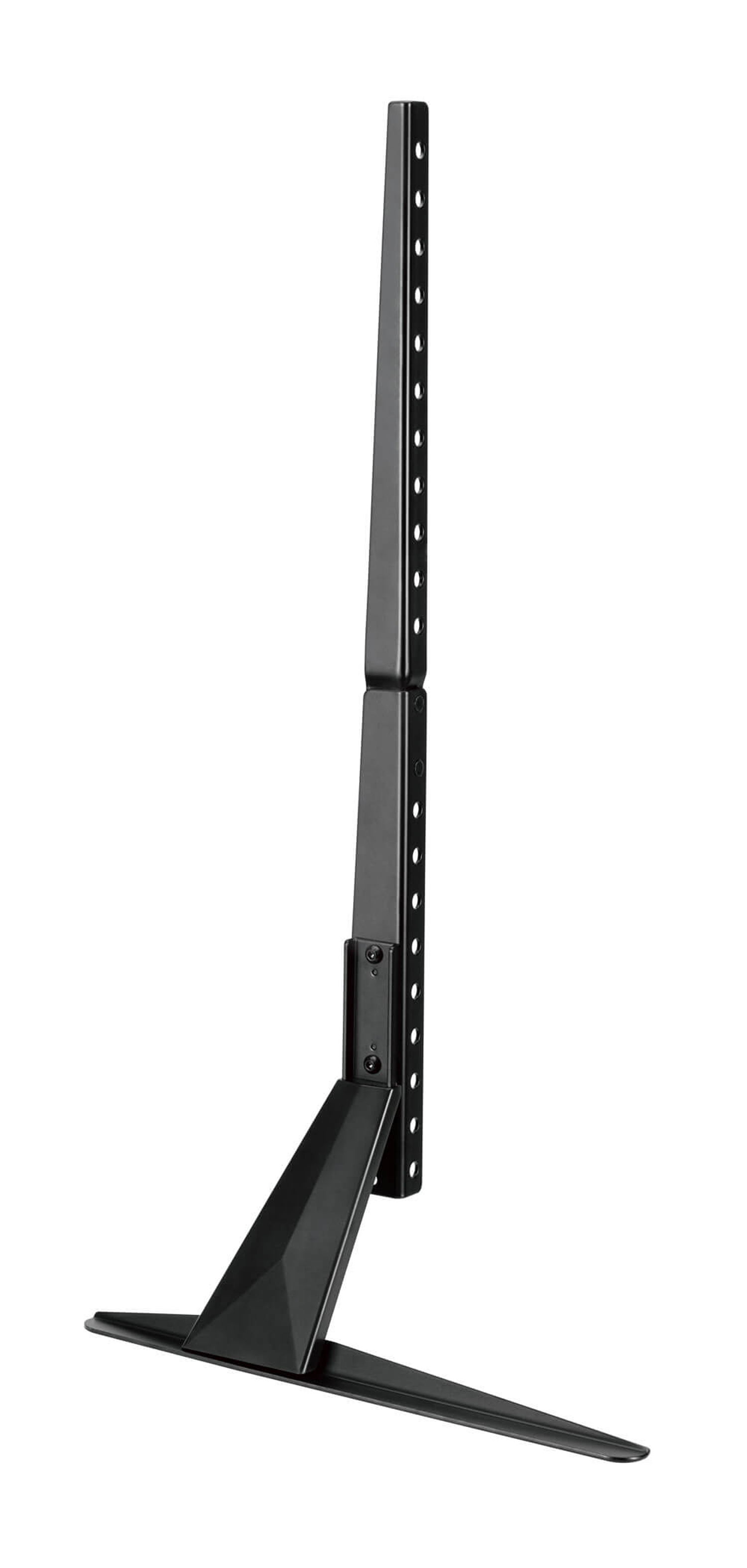 Ein schwarzer Metall-TV-Ständer mit verstellbarem Mast und breiter Basis.