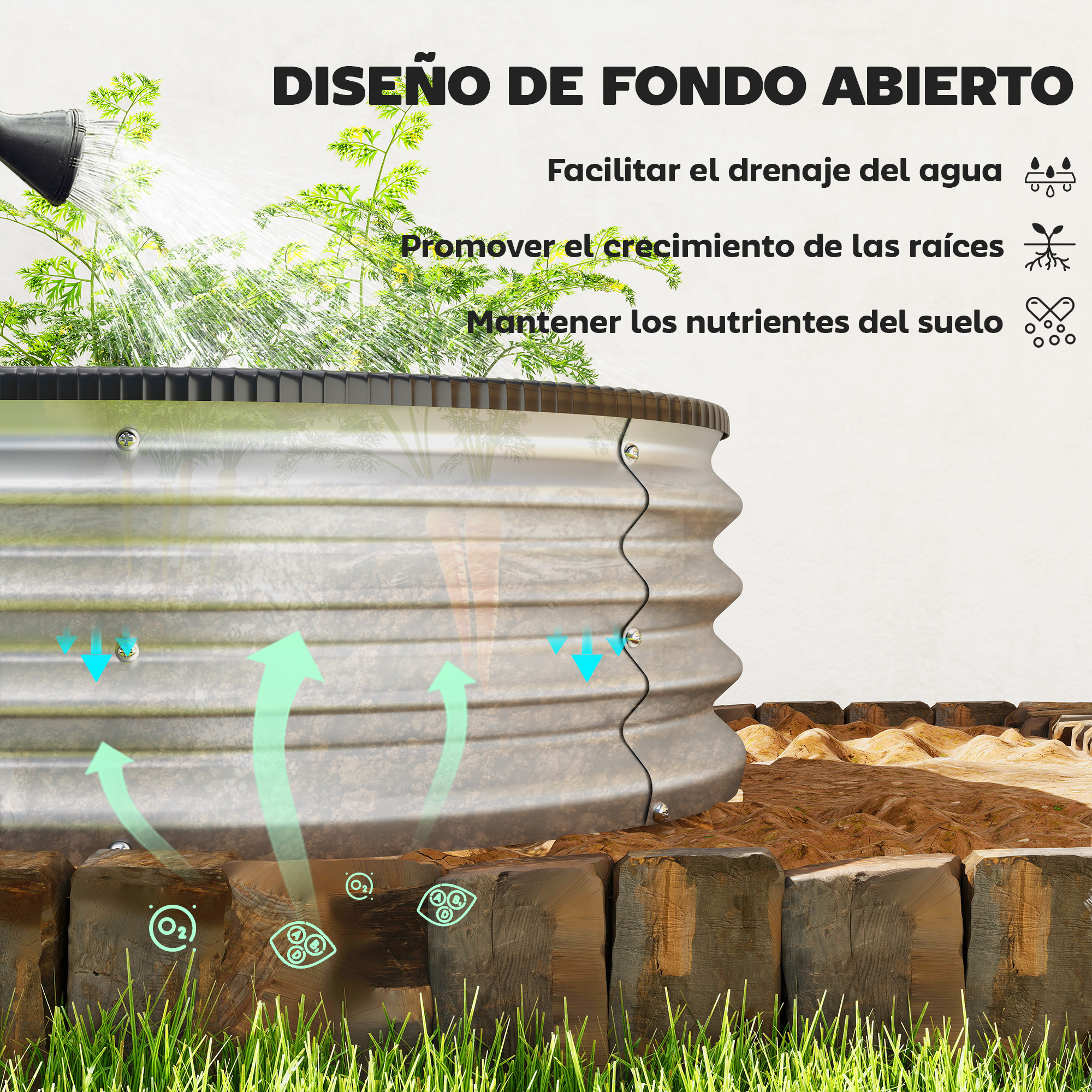 Riego de un bancal de fondo abierto que promueve el drenaje y la aireación.
