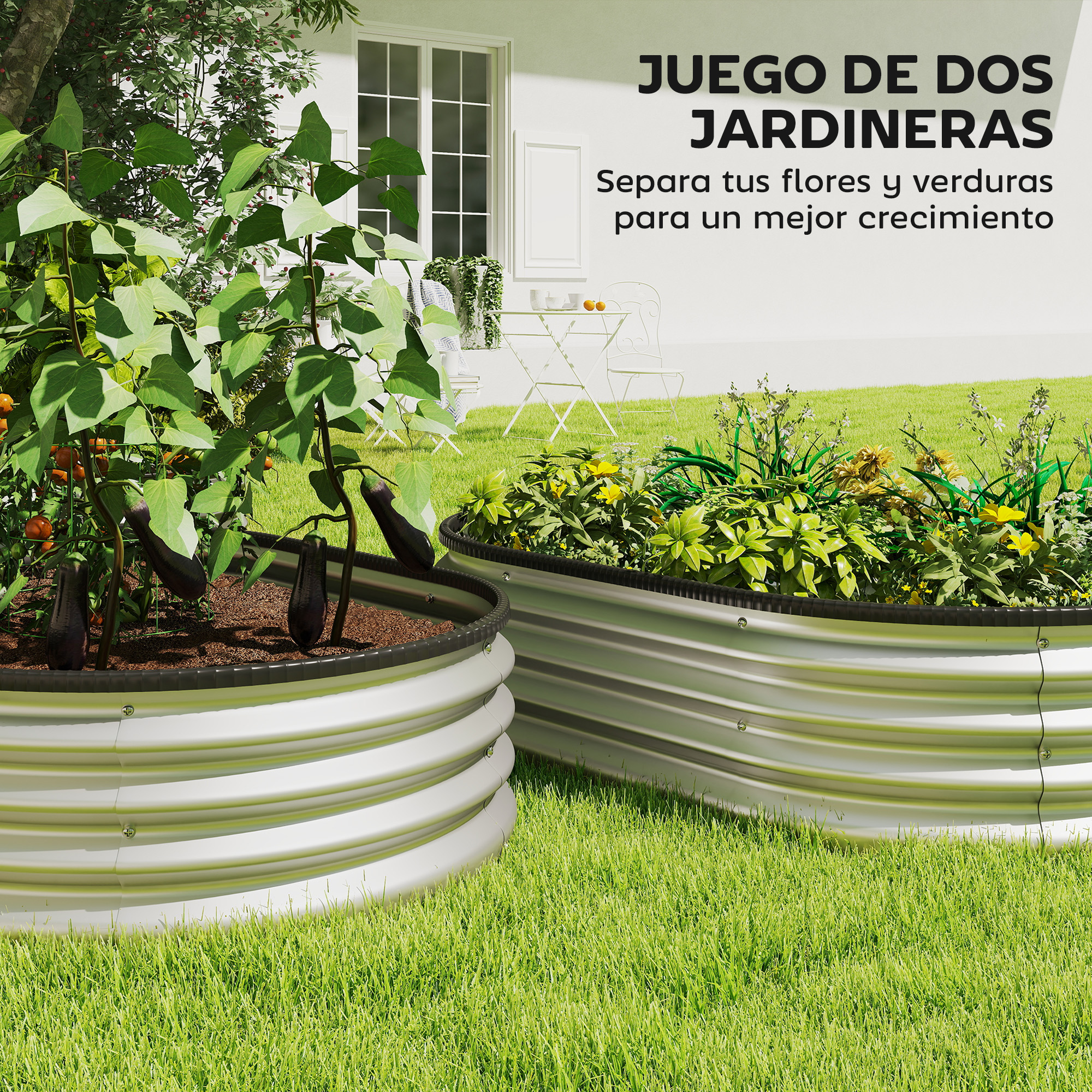 Dos bancales elevados con verduras y flores en un césped frente a una casa.
