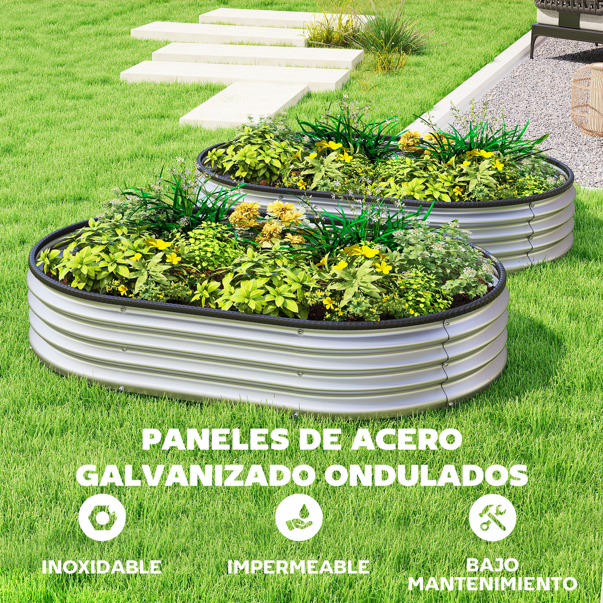 Dos bancales metálicos ovales llenos de plantas en un césped verde.