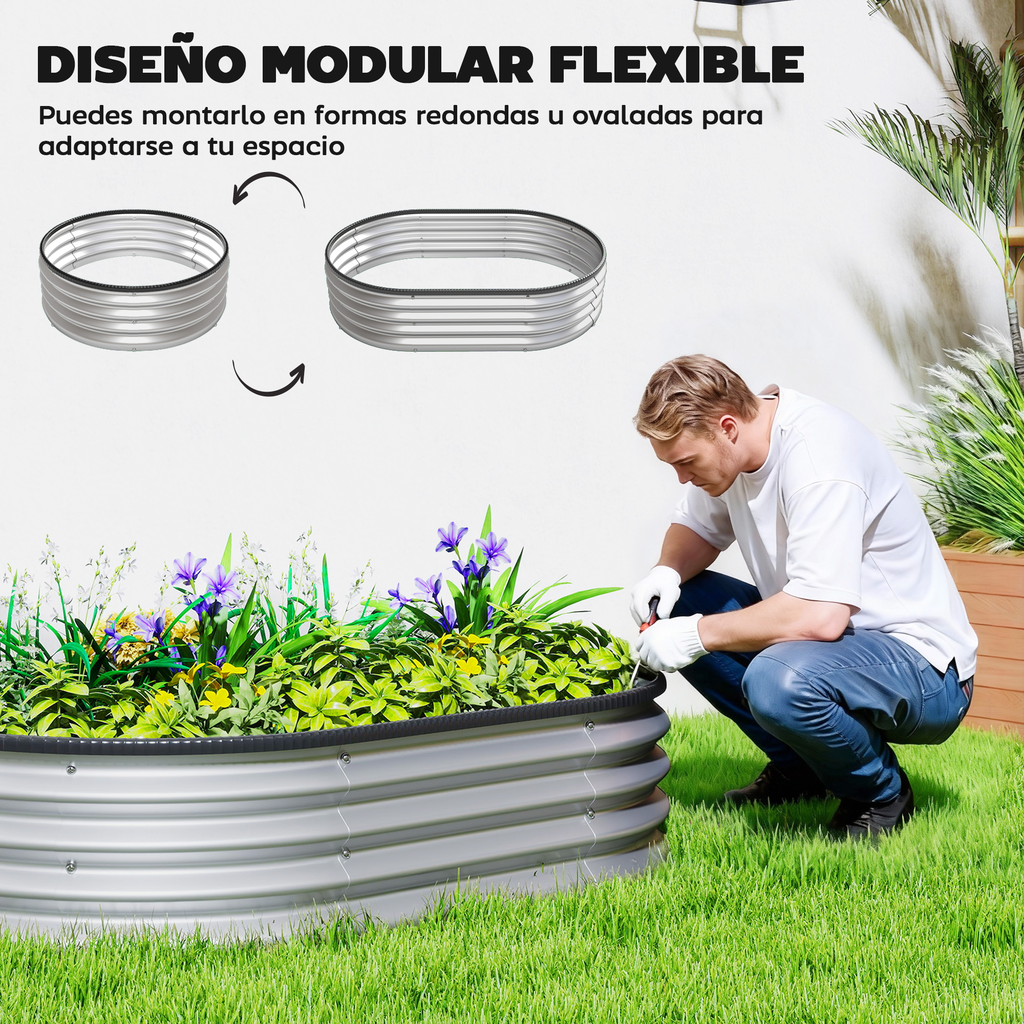 Hombre construye un bancal elevado redondo con flores. Los bancales modulares son flexibles.