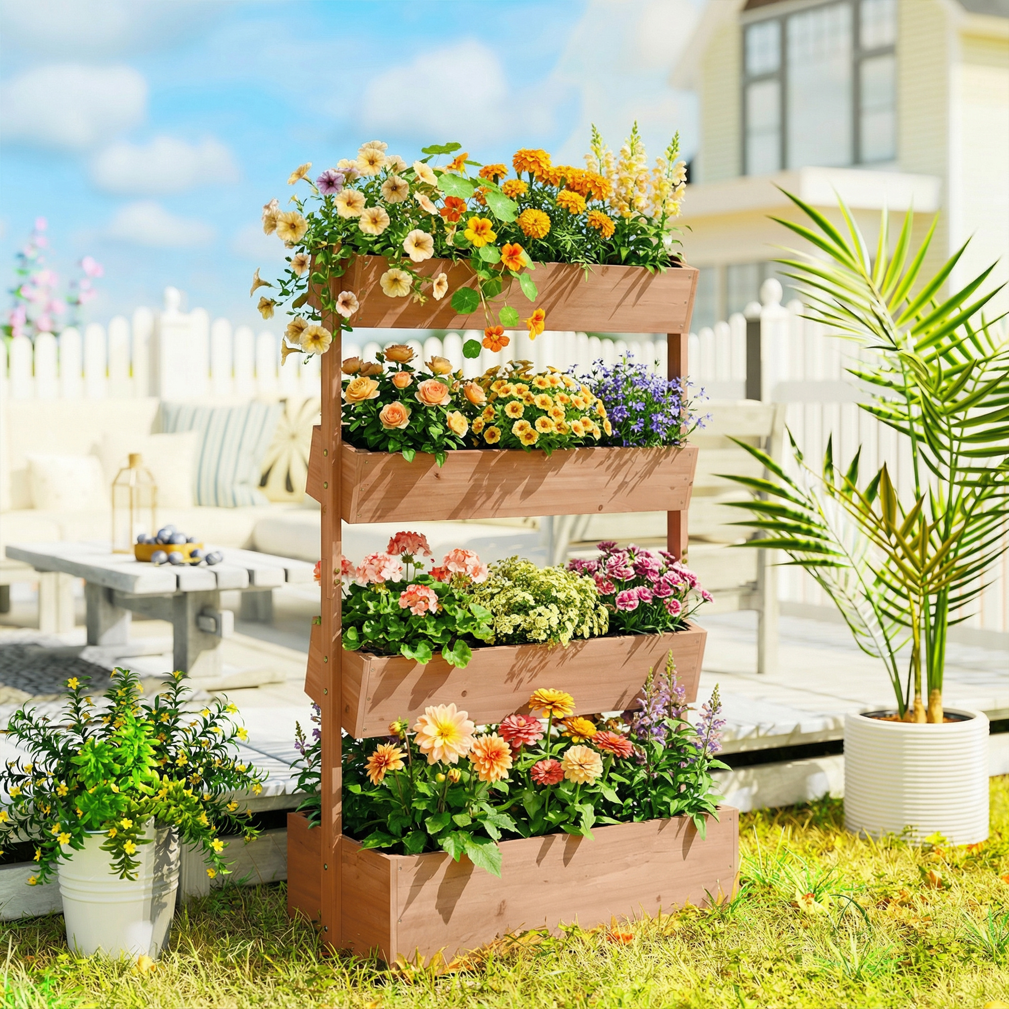 Macetero de madera de varios niveles con flores coloridas en un patio.