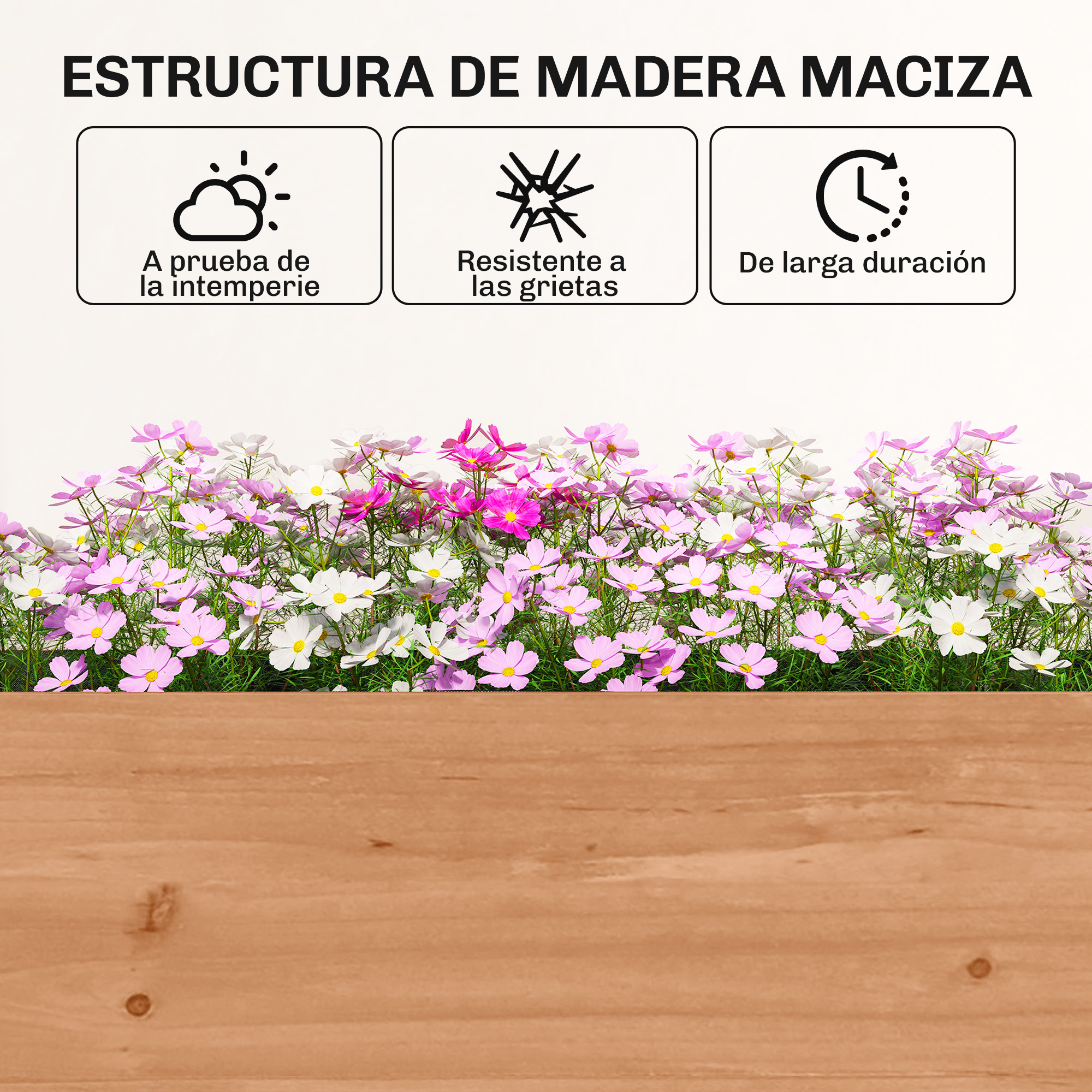 Estructura de madera con flores. Resistente a la intemperie, grietas, duradera.