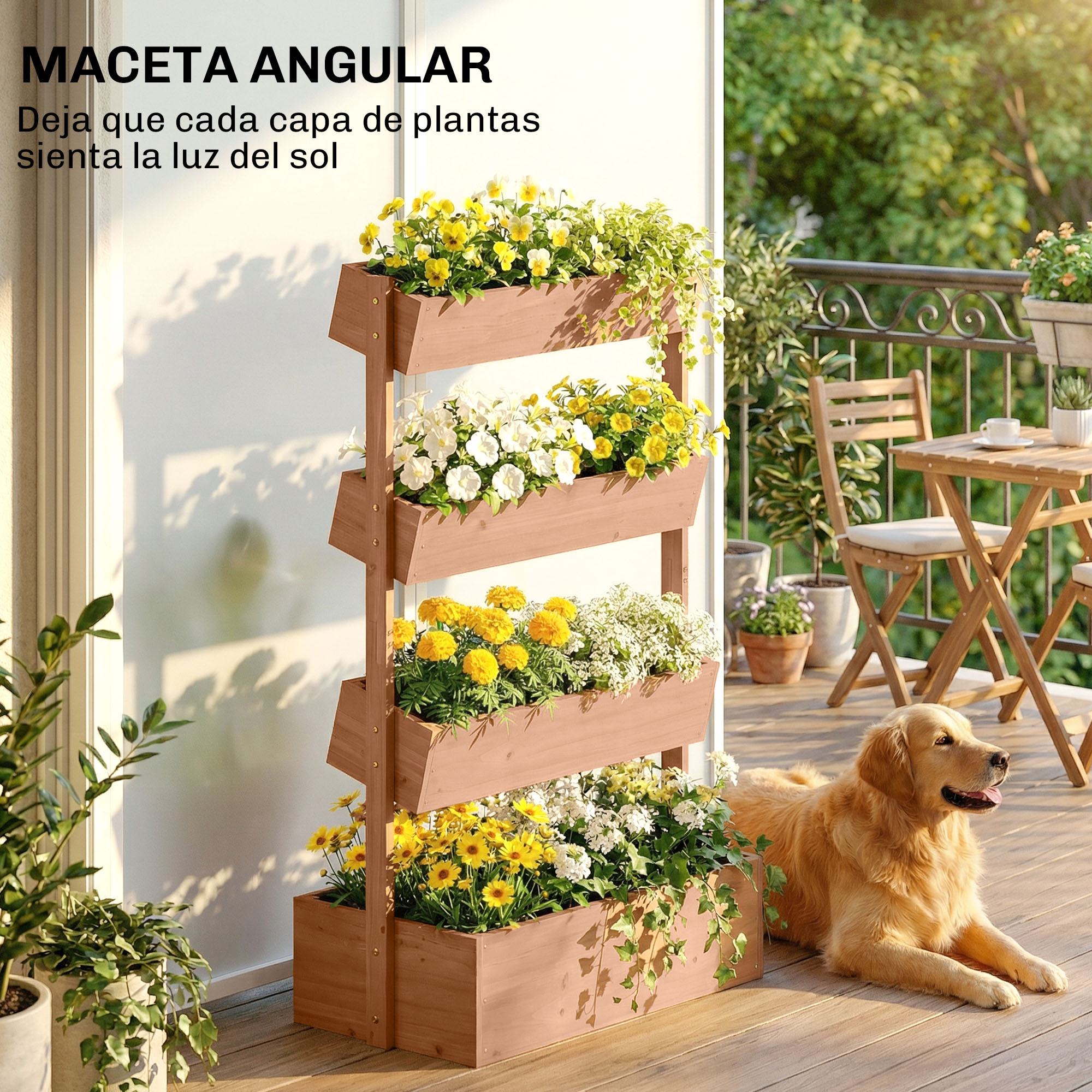 Macetero escalonado de madera con flores amarillas y blancas junto a un golden retriever en terraza.