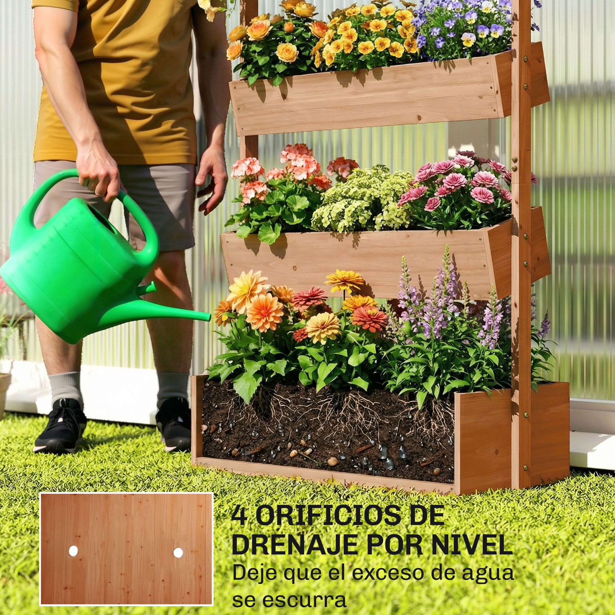 Hombre riega flores en jardinera de madera multinivel.