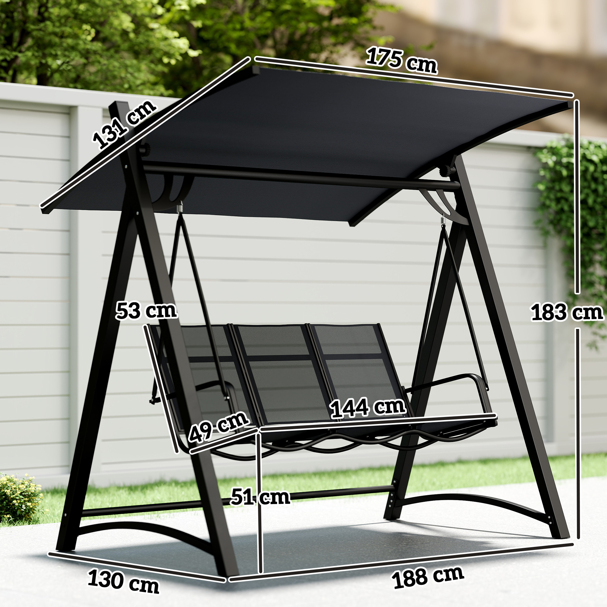 Banco columpio negro con toldo, se indican las dimensiones.