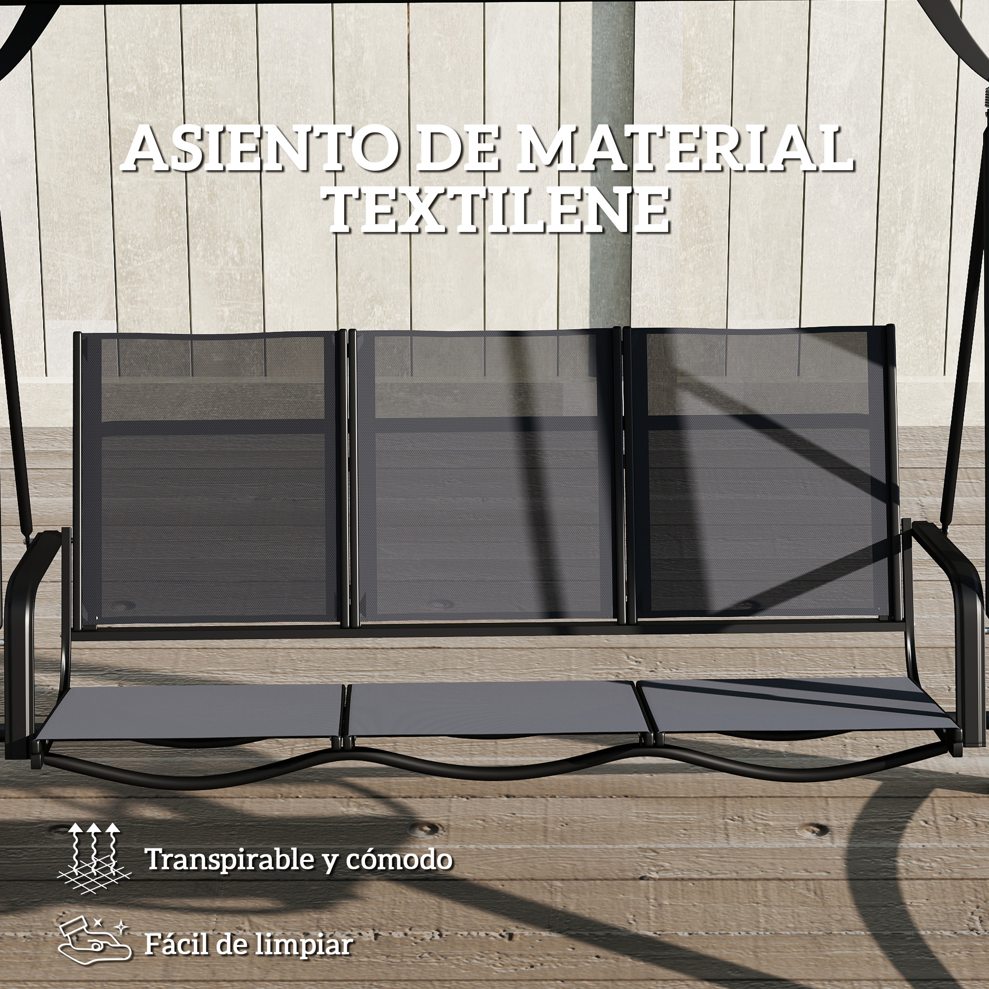 Un columpio gris de tres plazas de material Textilene sobre una terraza de madera.