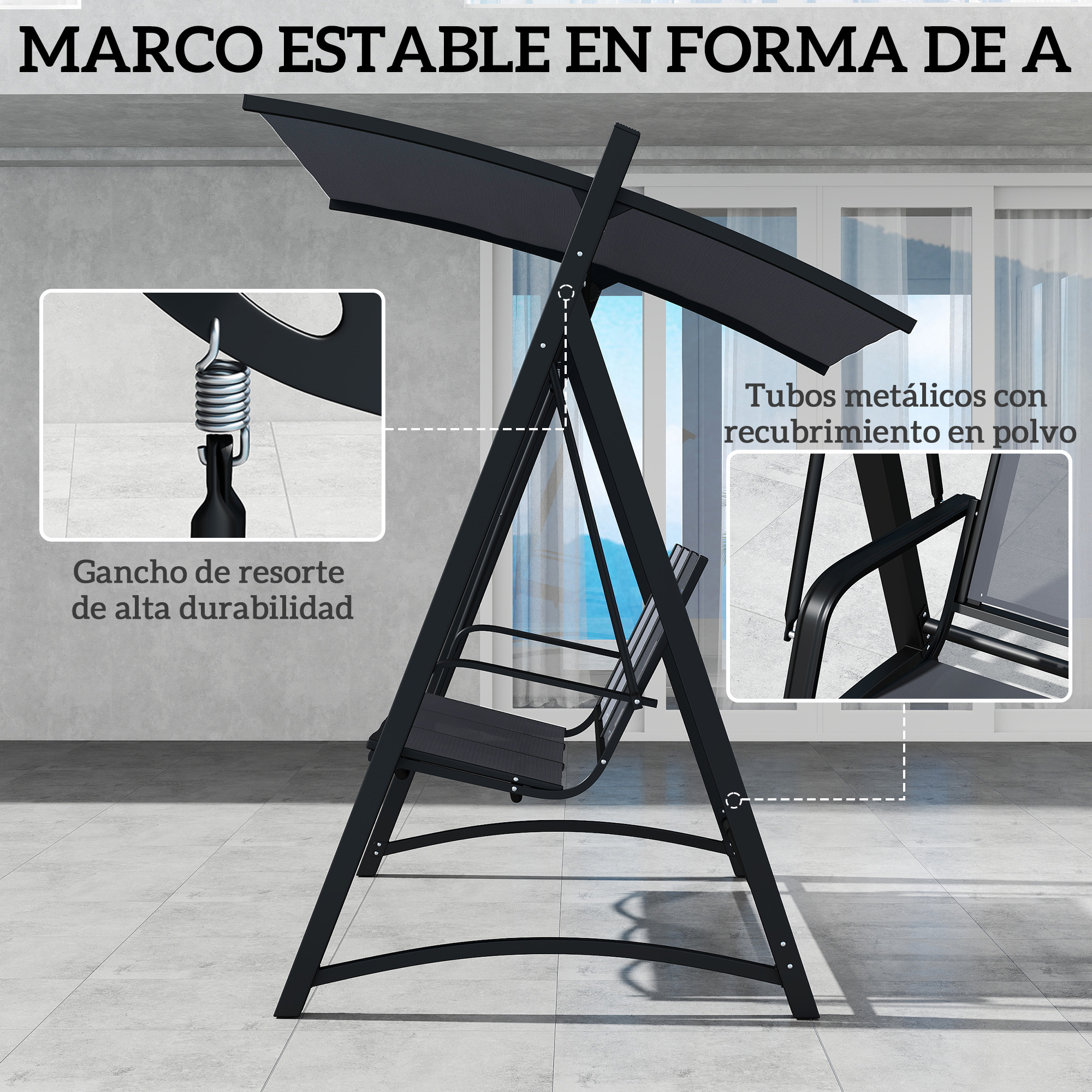 Columpio negro con marco en A, asiento texturizado y toldo. Primeros planos muestran gancho de resorte y tubos con recubrimiento.