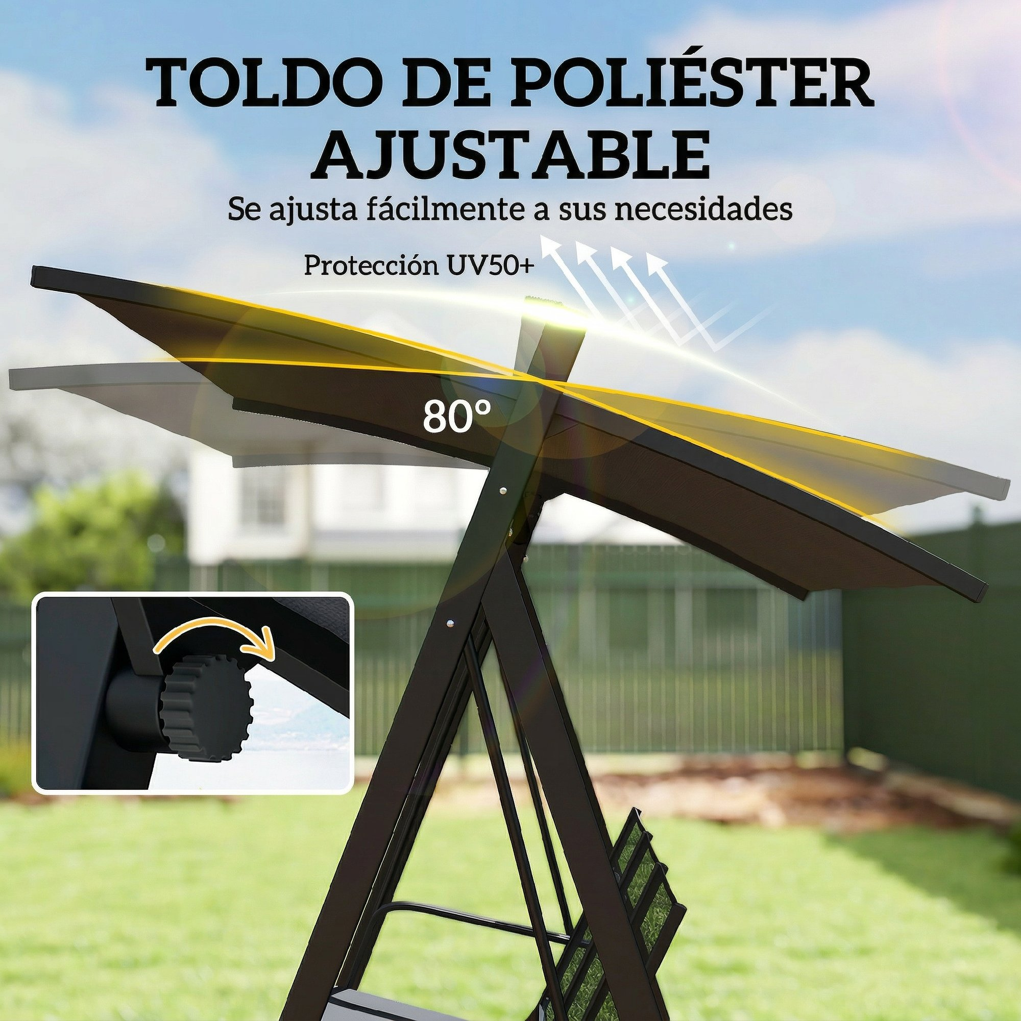 Un toldo de poliéster ajustable en un marco, en ángulo de 80 grados.