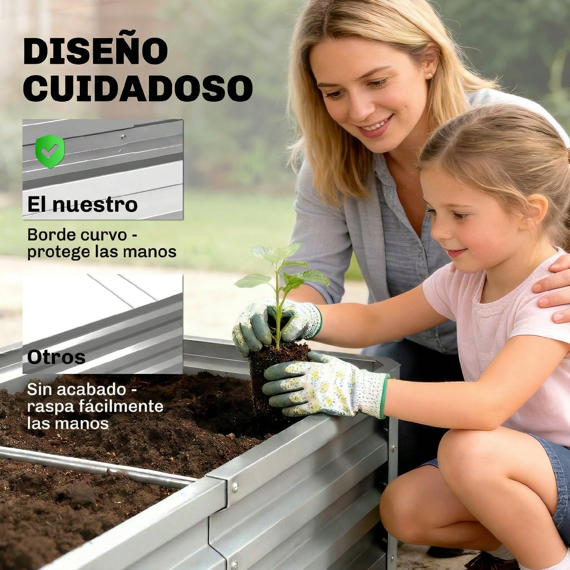 Mujer y niña plantando una plántula en un bancal elevado de metal.