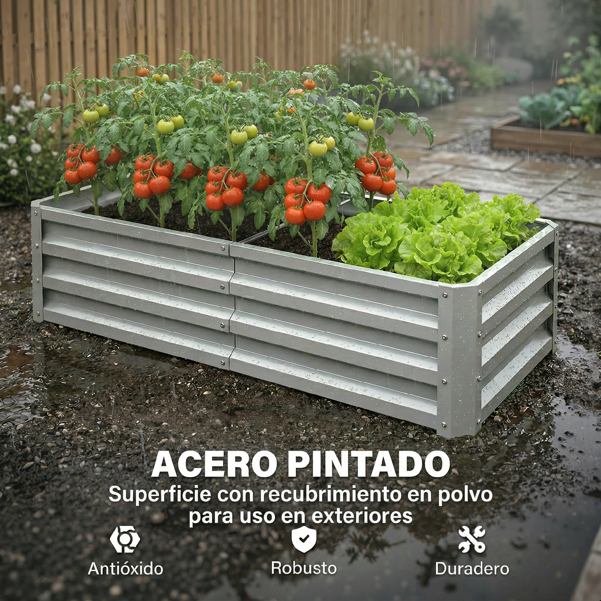 Un bancal elevado con tomates y lechuga bajo la lluvia.