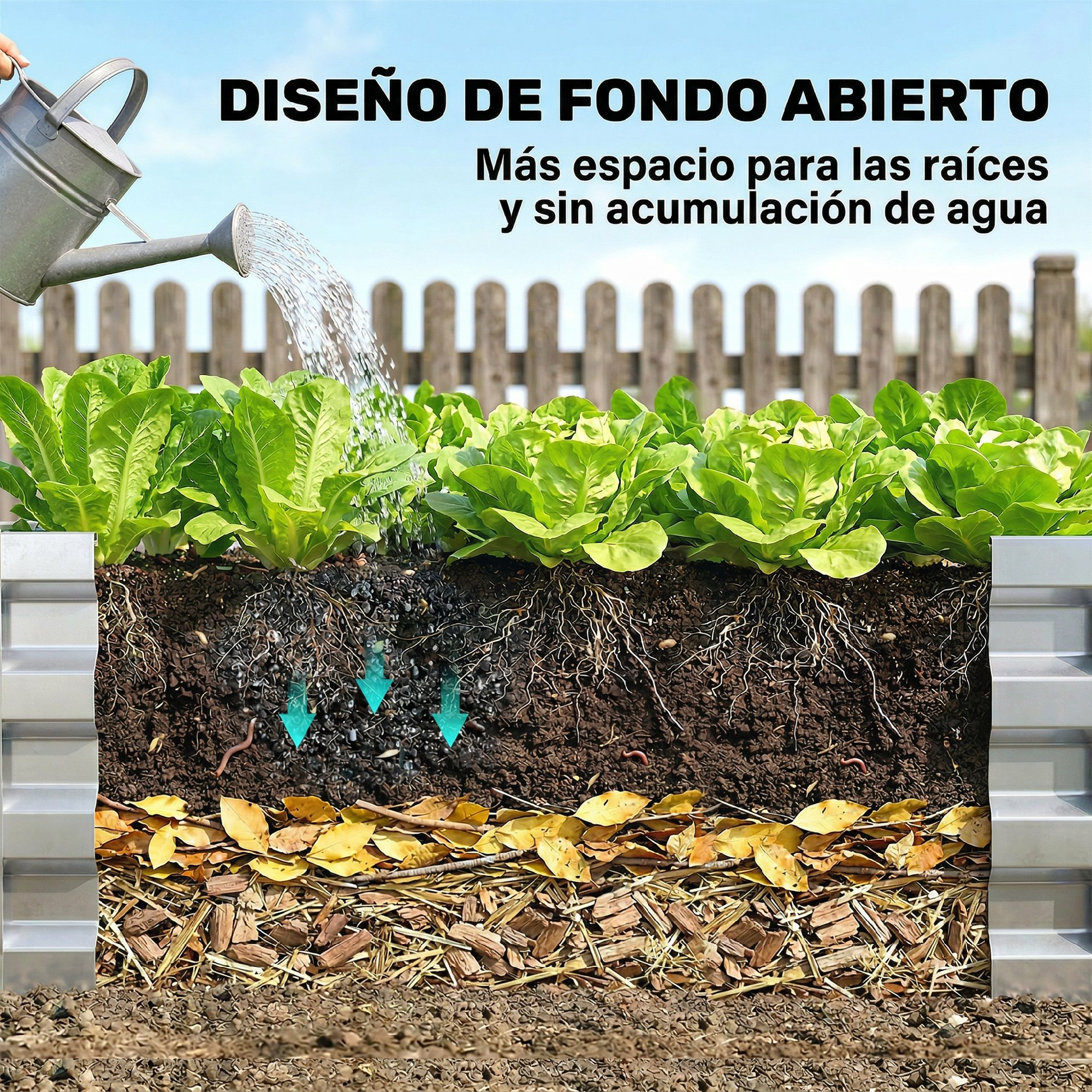 Regadera riega lechugas en bancal elevado mostrando raíces y capas.