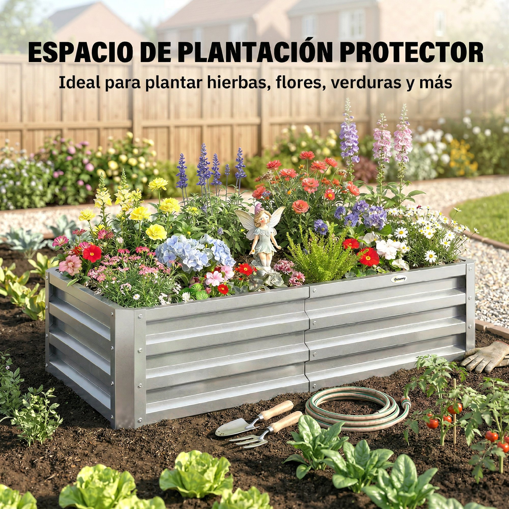 Un bancal elevado lleno de flores coloridas, una estatua de hada y herramientas.
