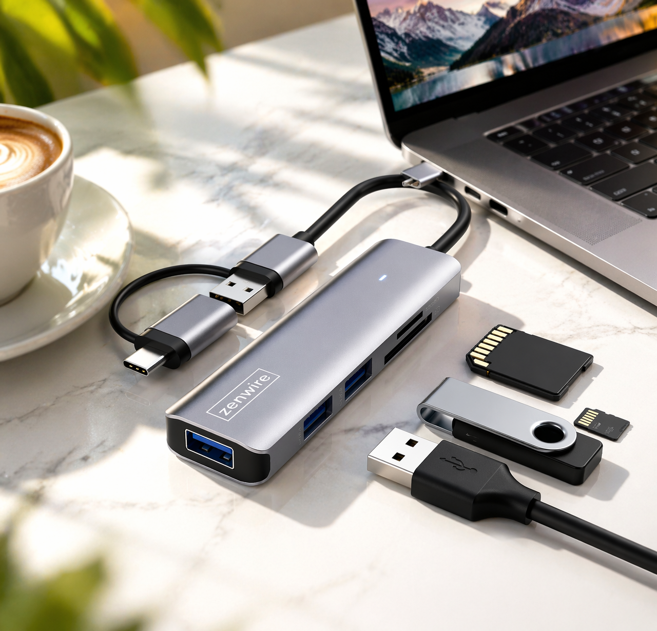 Srebrny koncentrator USB z portami, podłączony do laptopa, z kartami SD i pendrivem.