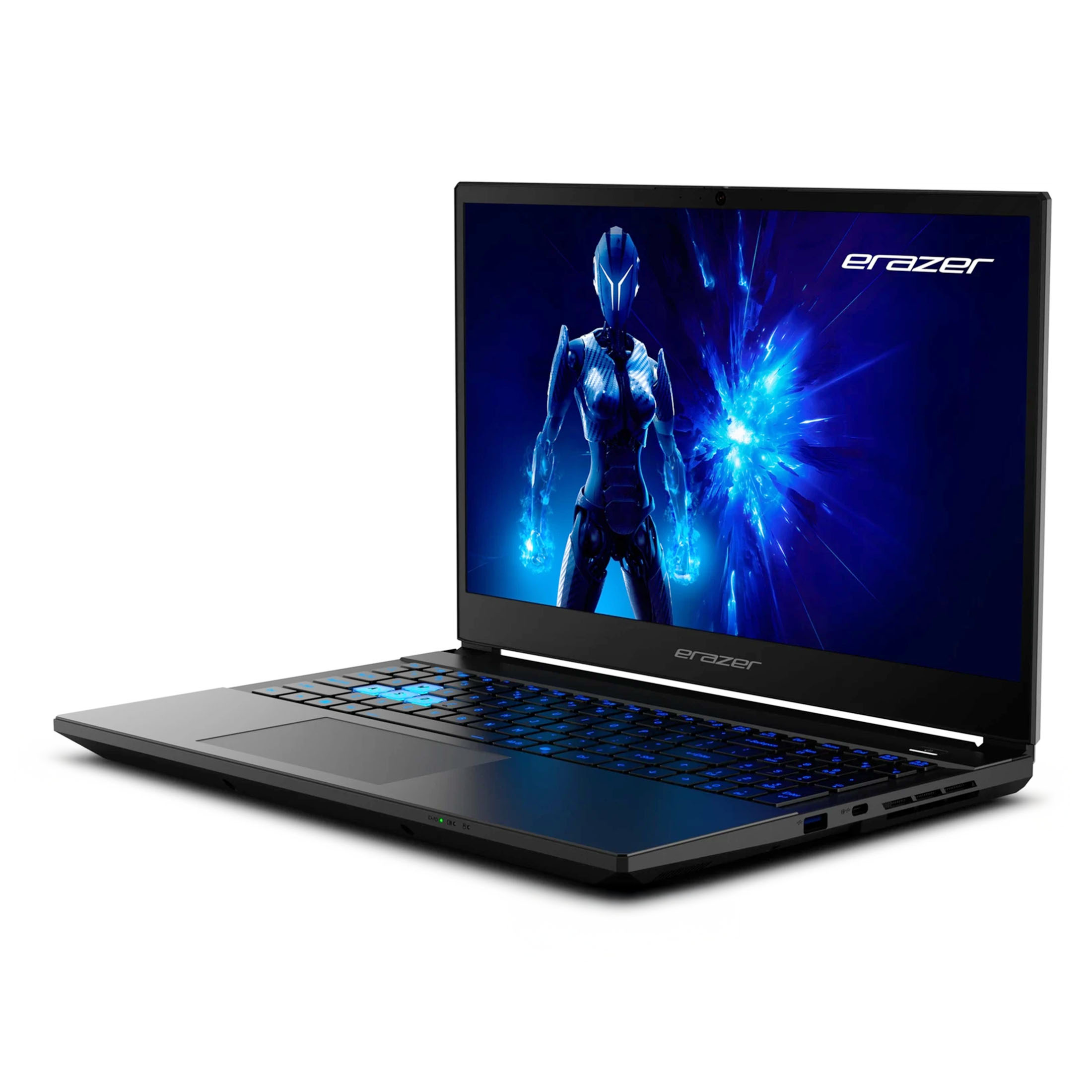 Ein schwarzer Laptop mit blauer Tastaturbeleuchtung und einem futuristischen Krieger auf dem Bildschirm.