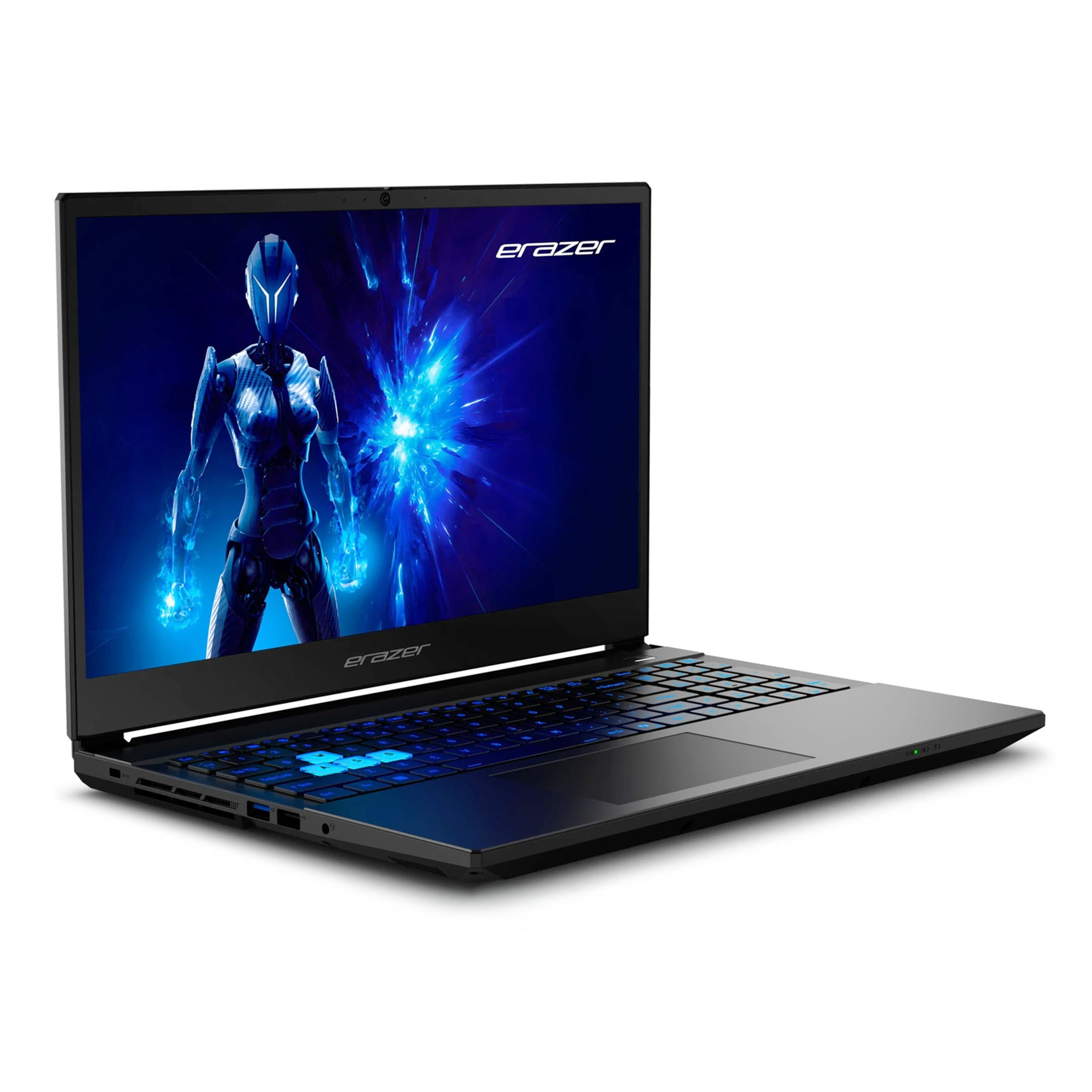 Ein schwarzer Laptop mit beleuchteter Tastatur und einem futuristischen Bild auf dem Bildschirm.