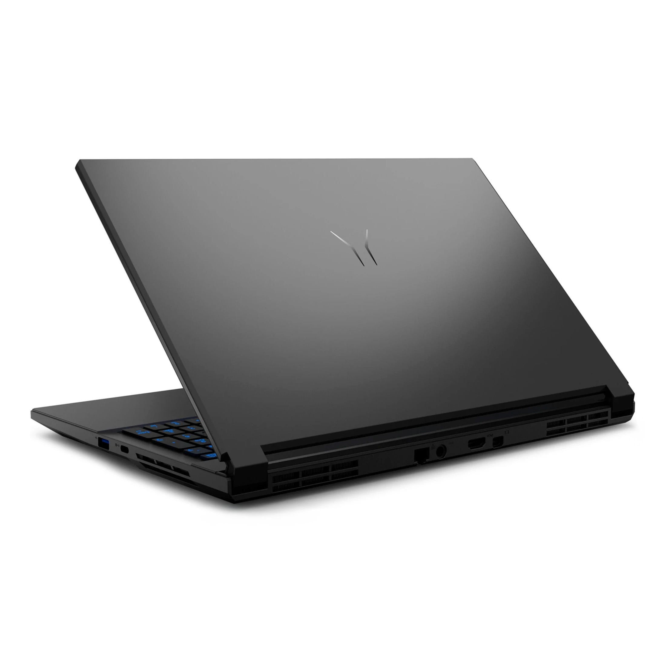 Ein geschlossener schwarzer Laptop mit einem silbernen Logo auf dem Deckel.