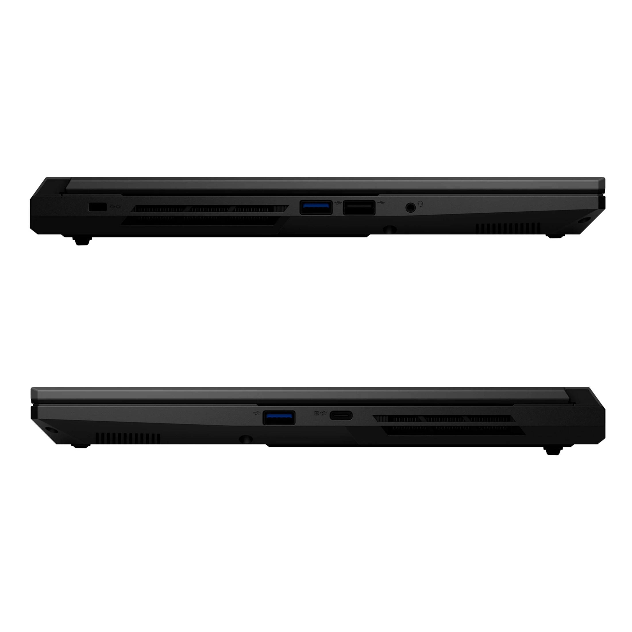 Oben und unten schwarze Laptops mit USB-Anschlüssen und Lüftungsschlitzen.