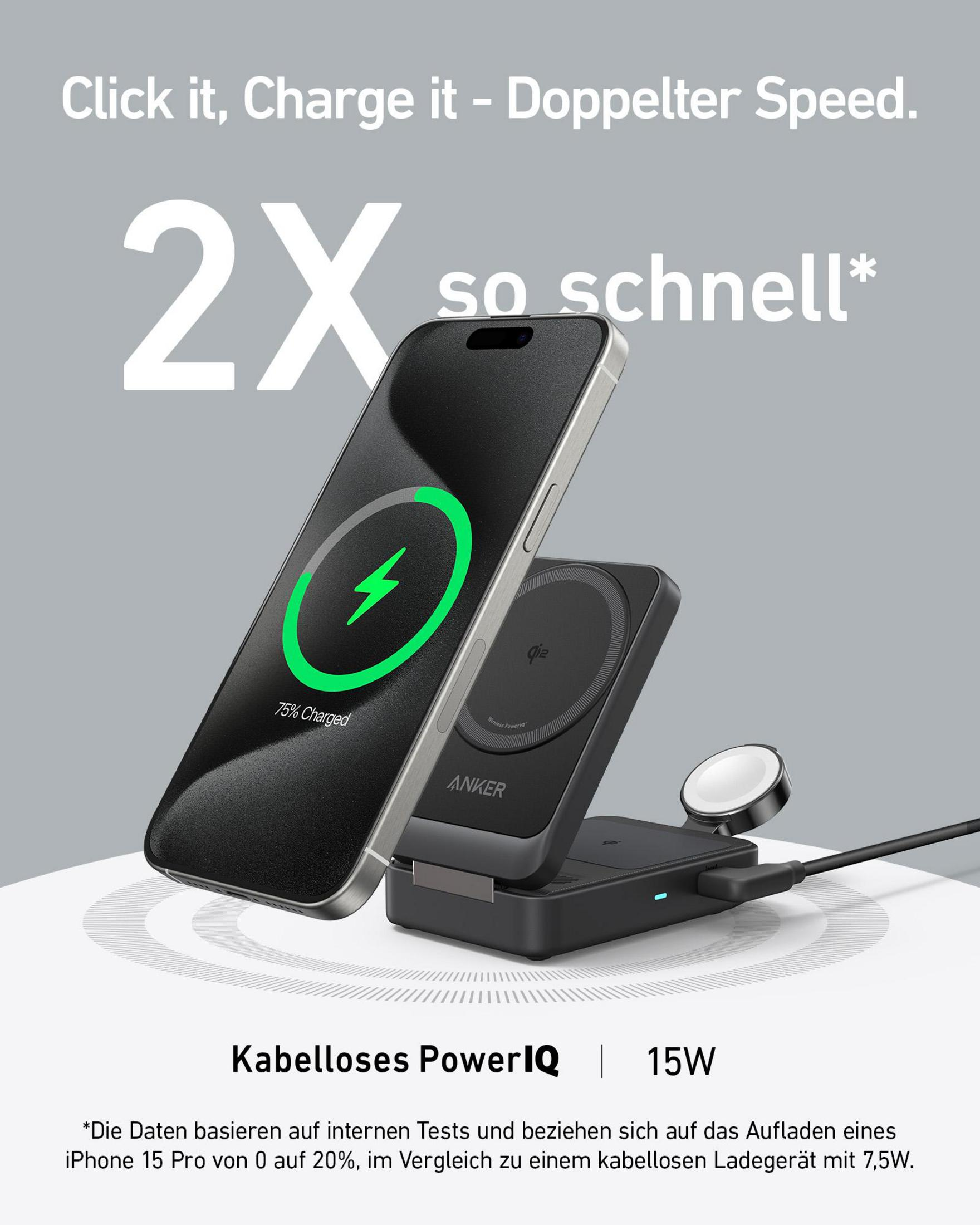 Ein iPhone wird kabellos geladen, daneben liegen Ladegeräte. Text: 2x so schnell.