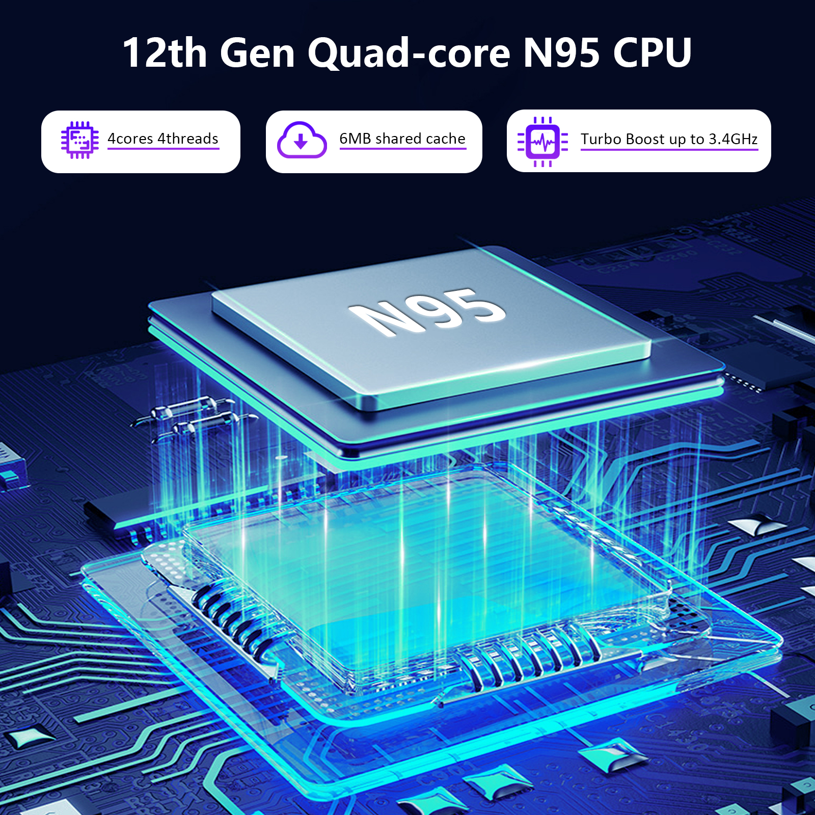 12. Gen Quad-Core N95 CPU mit 4 Kernen, 6 MB Cache, Turbo Boost bis 3,4 GHz.
