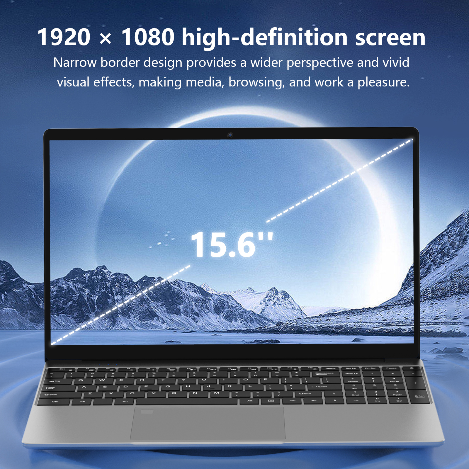 Ein Laptop mit einem 15,6-Zoll-Bildschirm zeigt eine Berglandschaft.