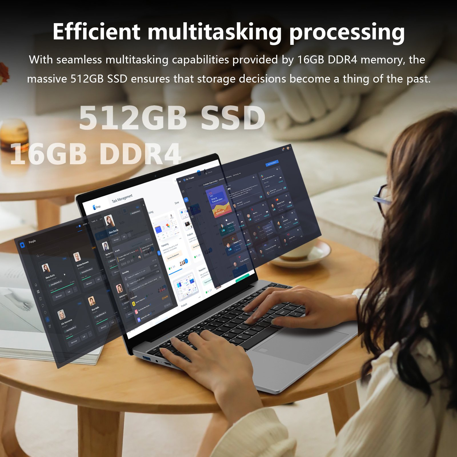 Person tippt auf Laptop mit mehreren offenen Anwendungen, die 16GB RAM und 512GB SSD hervorheben.