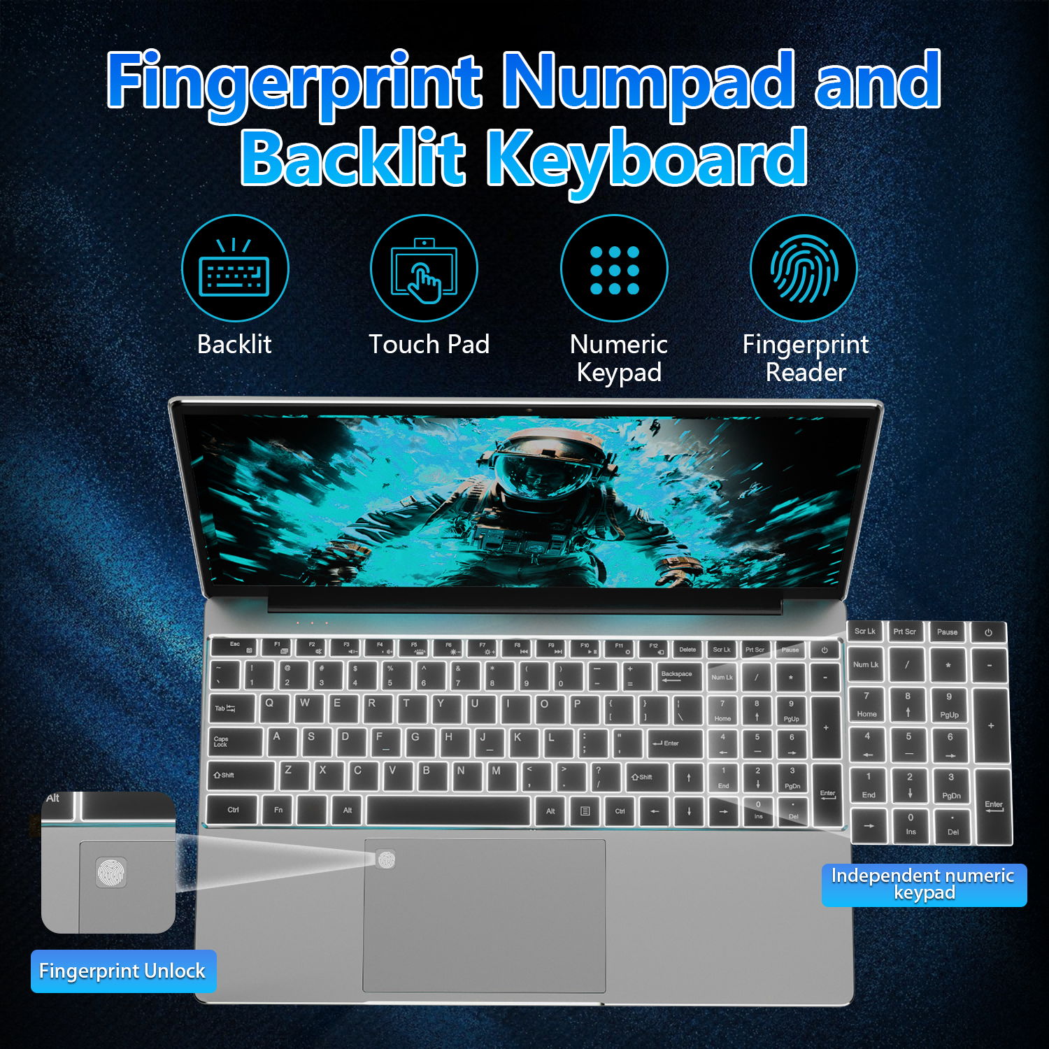 Laptop mit beleuchteter Tastatur, Ziffernblock und Fingerabdruckleser.