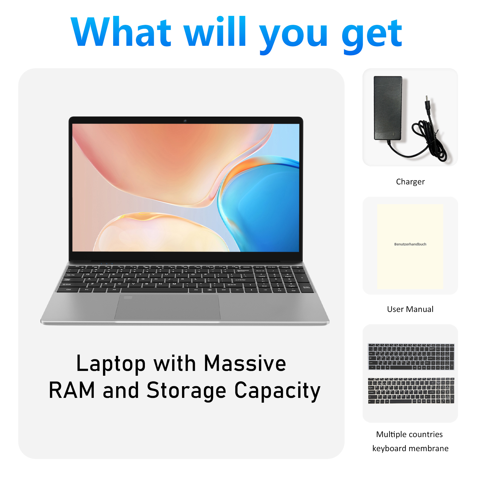Ein Laptop mit Ladegerät, Benutzerhandbuch und Tastaturfolien.