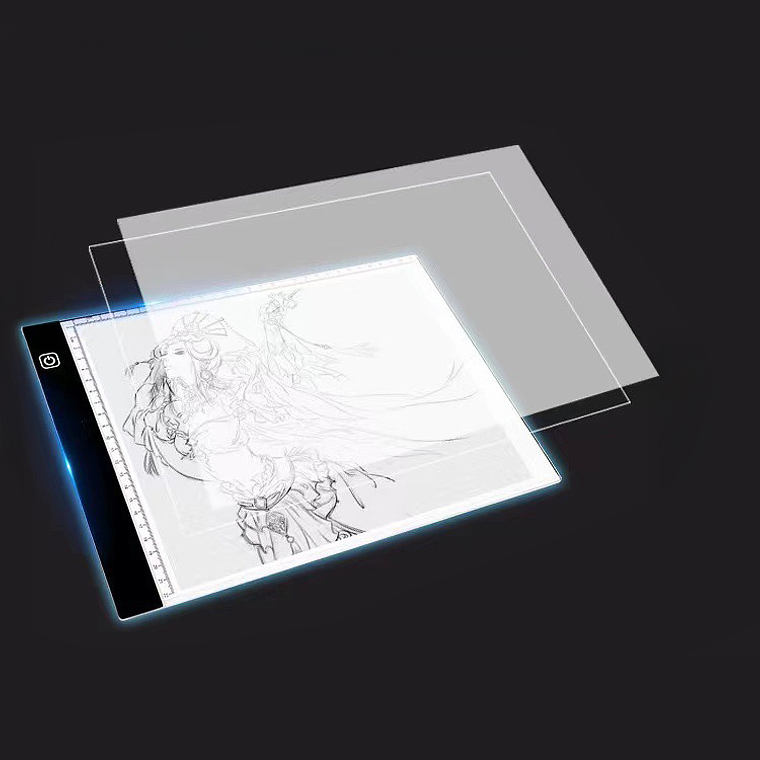 Una almohadilla luminosa muestra un boceto detallado de una persona con ropa y tocado ornamentados.