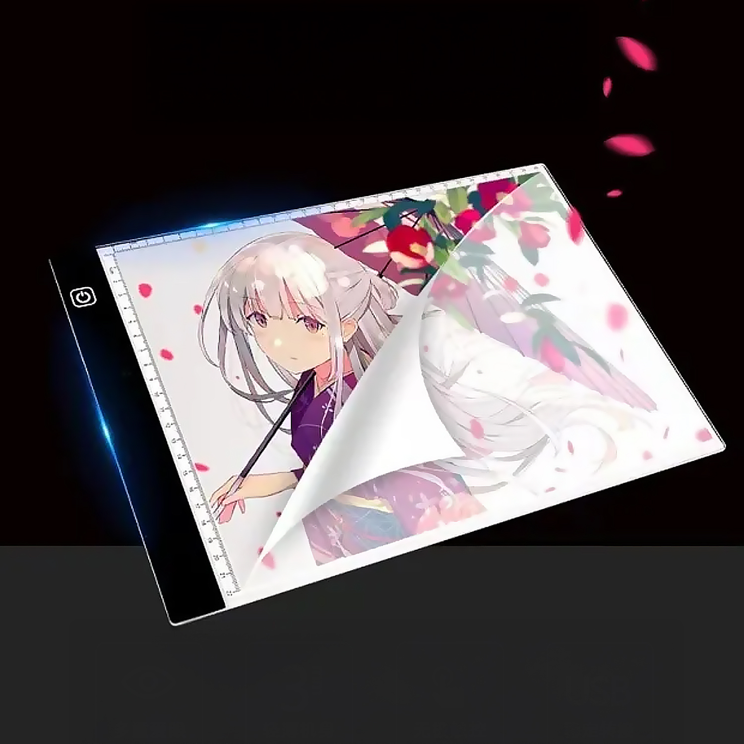 Bloc de luz mostrando dibujo de chica anime con pétalos rosas.