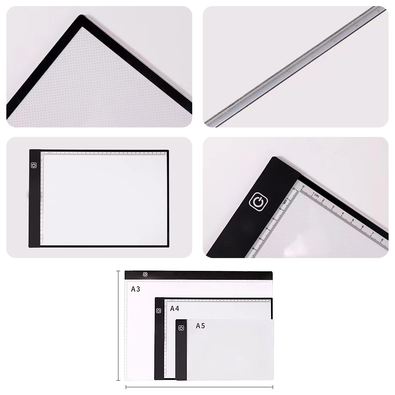 Tablero de dibujo delgado e iluminado con reglas y etiquetas de tamaño A3, A4, A5.