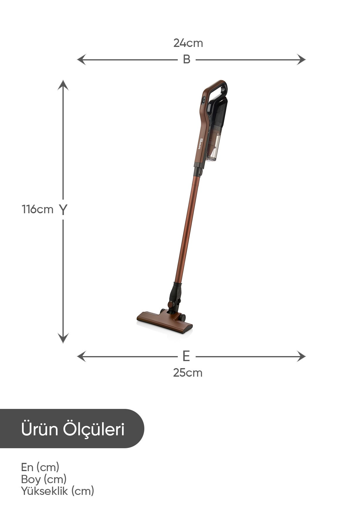 116 cm yükseklik, 24 cm genişlik, 25 cm derinliğe sahip kahverengi kablosuz süpürge.