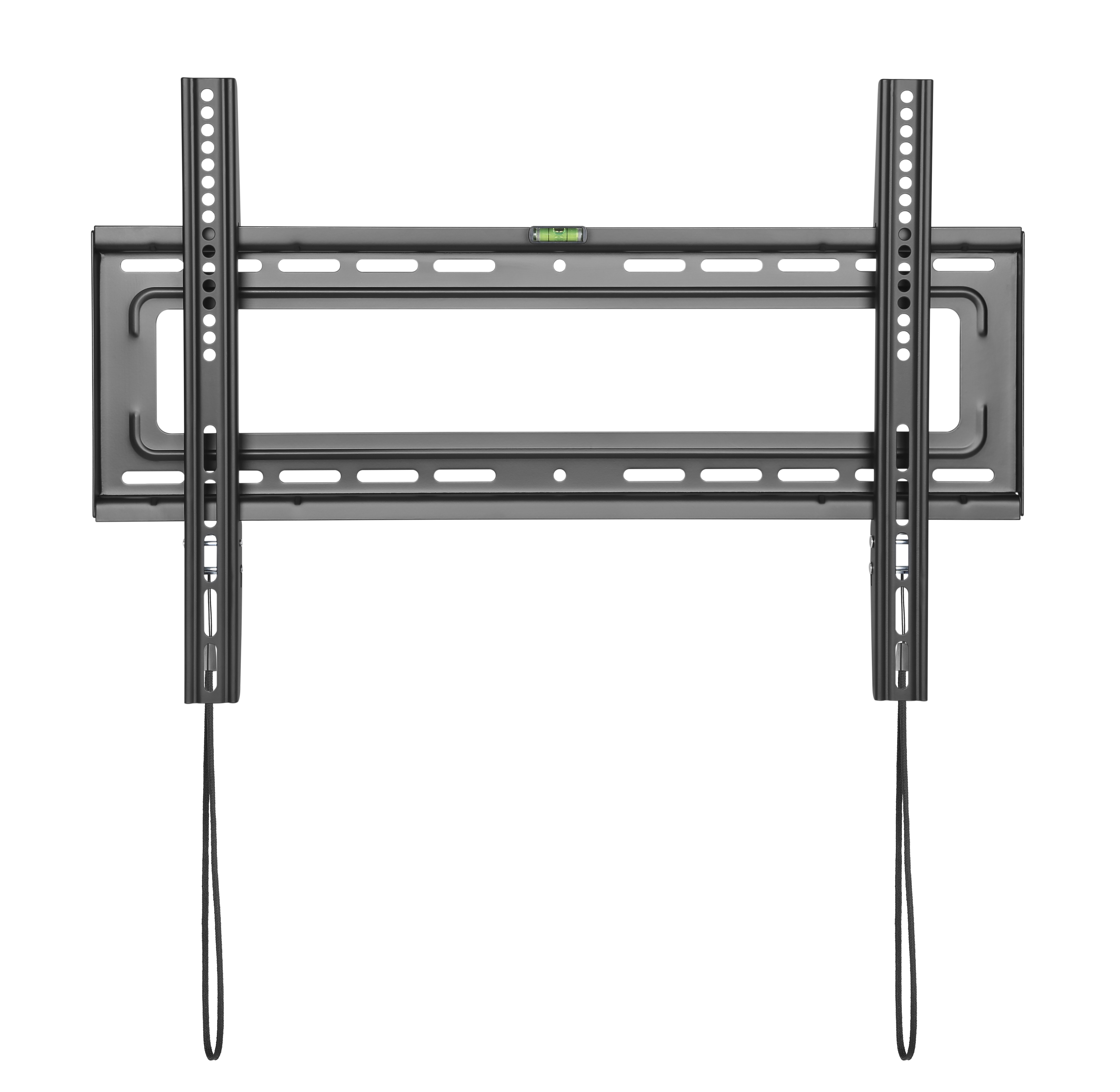 Eine schwarze Wandhalterung für Fernseher mit Wasserwaage und Kabelmanagementschlaufen.