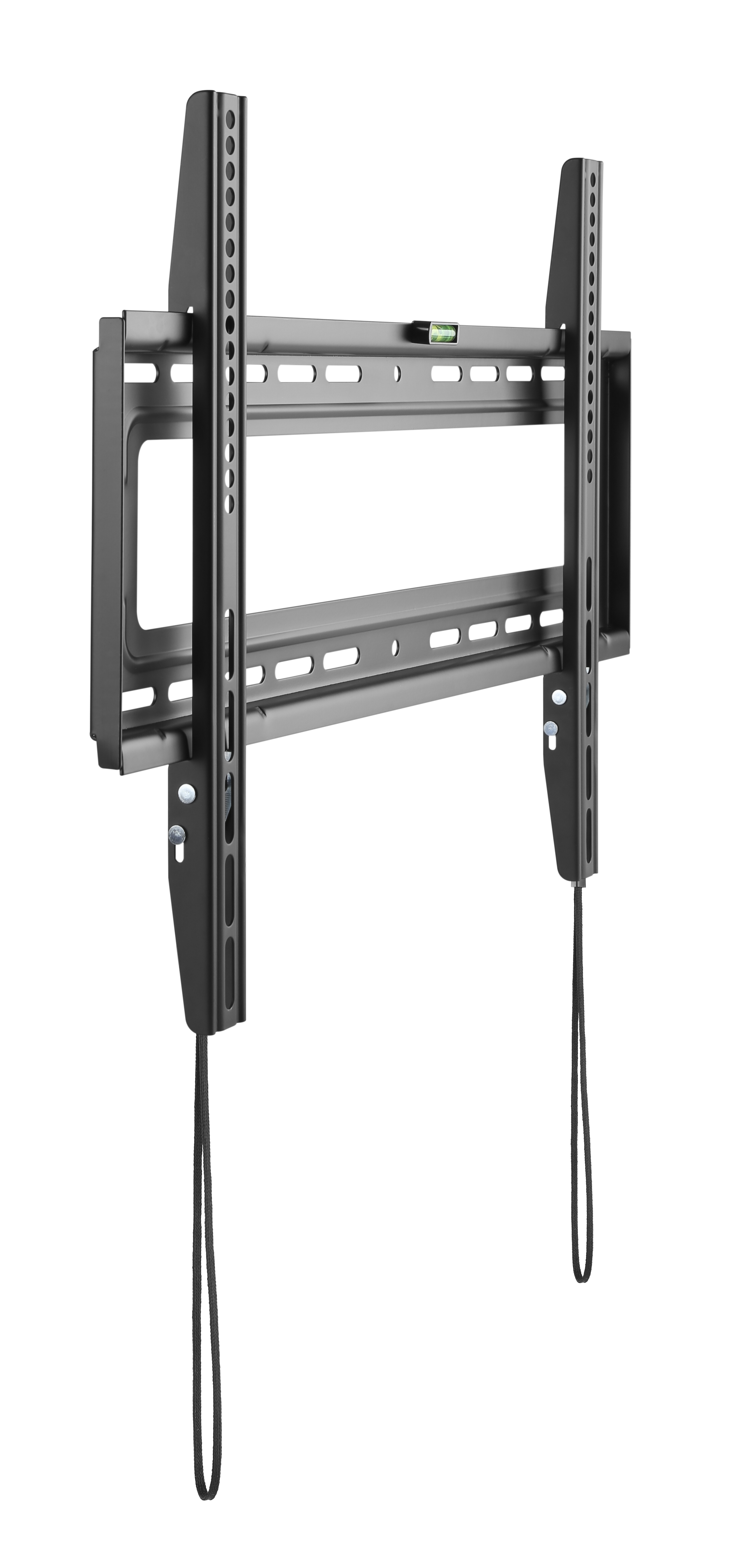Schwarze Wandhalterung für Fernseher mit Wasserwaage und Kabeln.