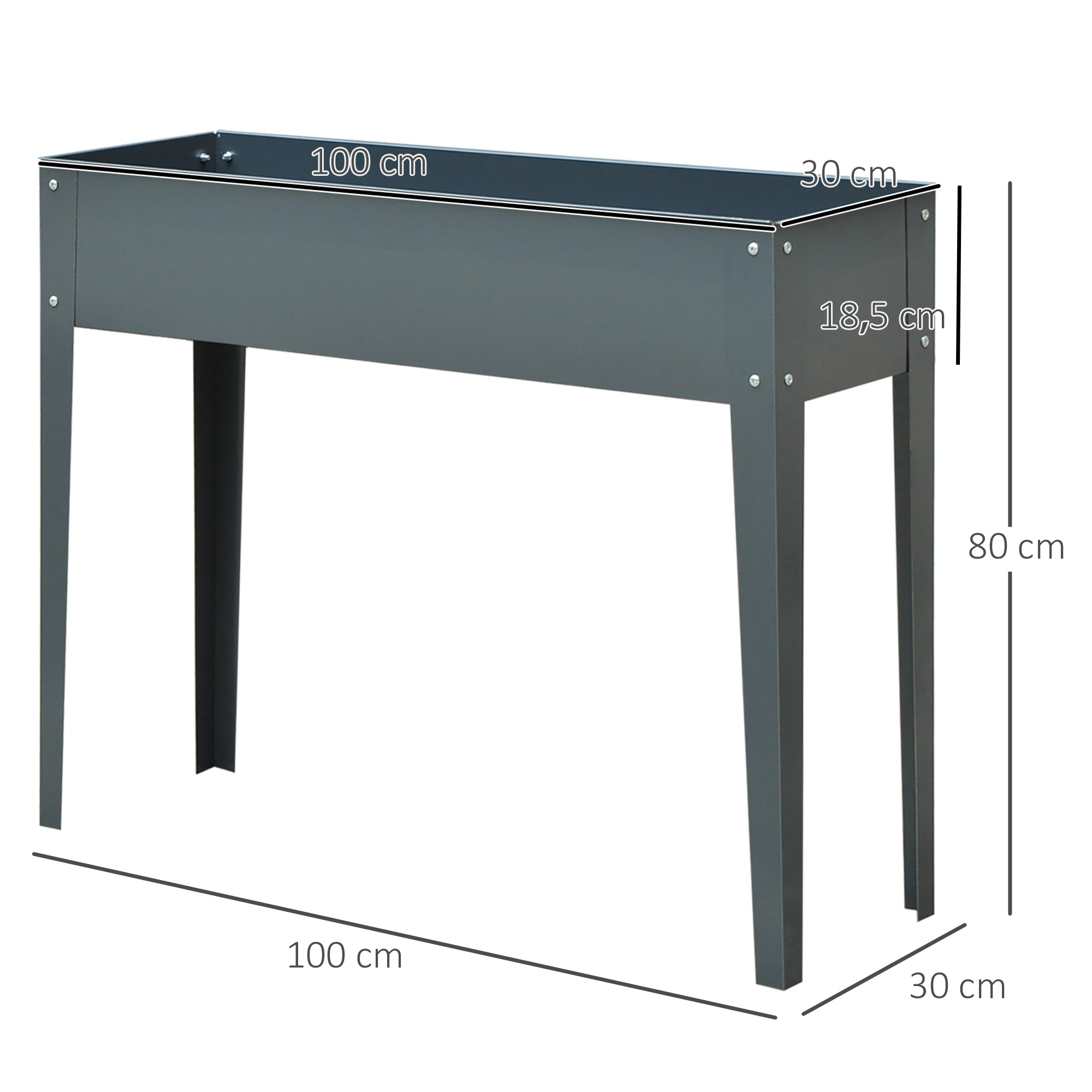 Un bancal elevado gris de 100x30x18,5cm y una altura de 80cm.