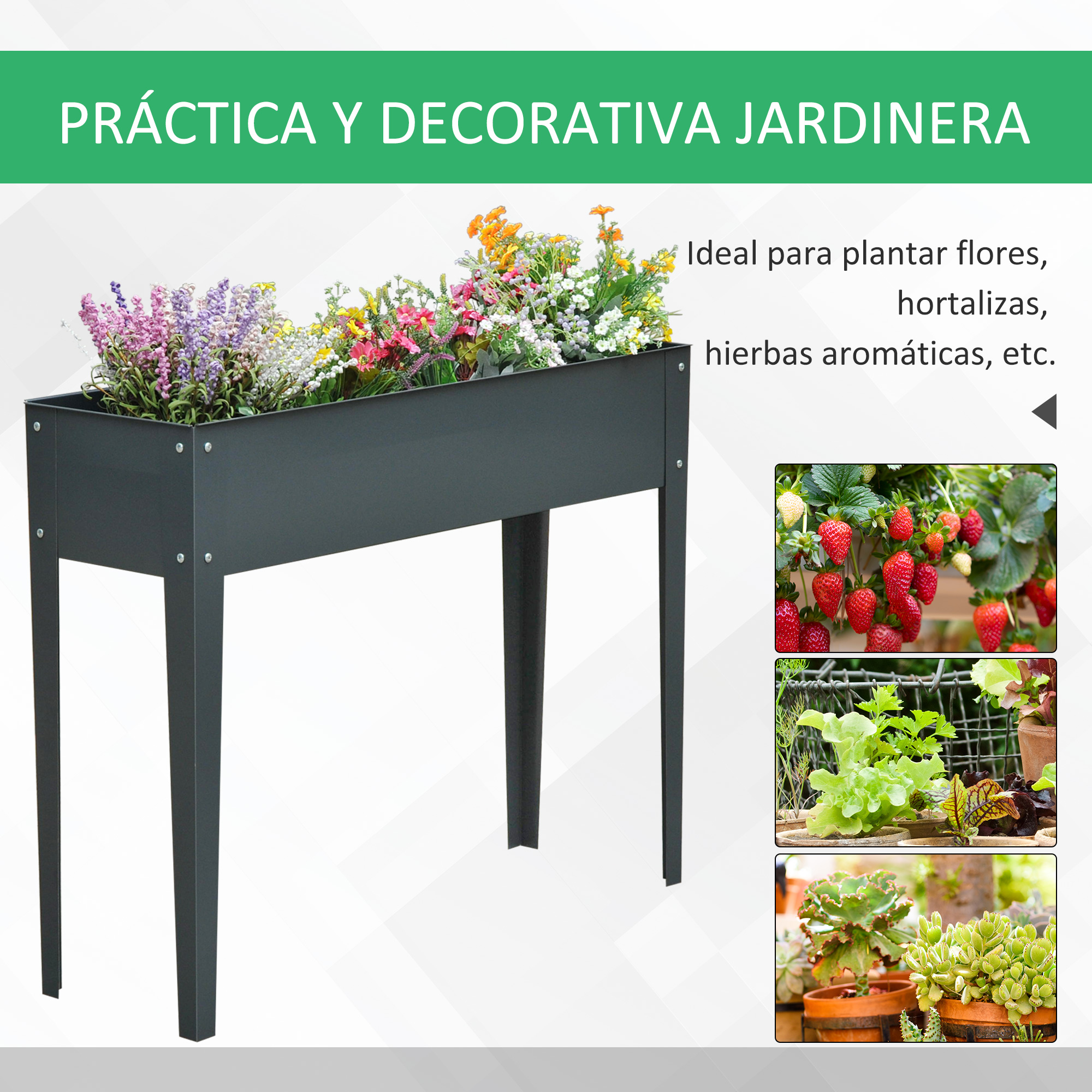 Maceta metálica oscura con flores coloridas e imágenes de fresas, lechuga y suculentas.