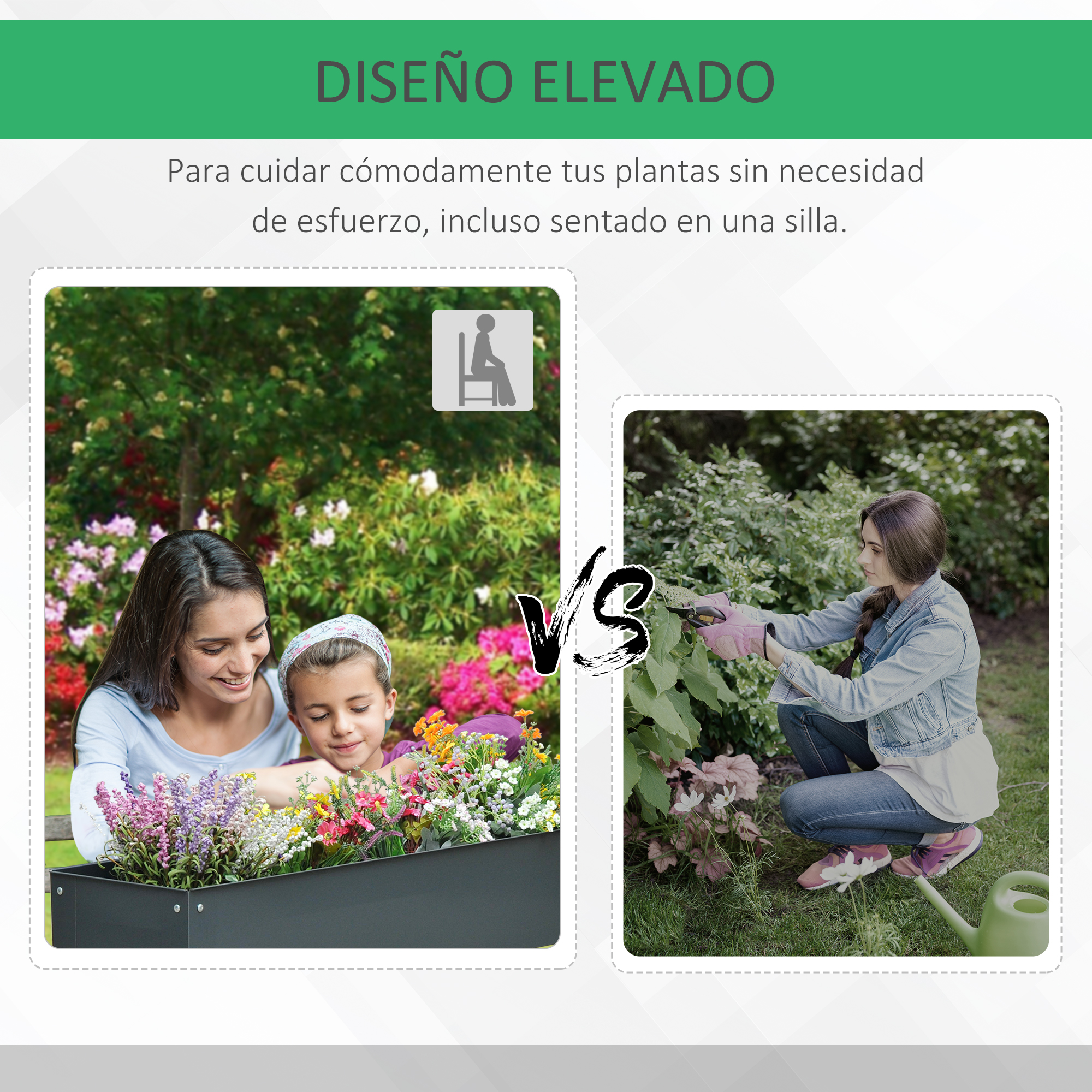 Mujer y niña cuidan flores; mujer corta plantas con tijeras.