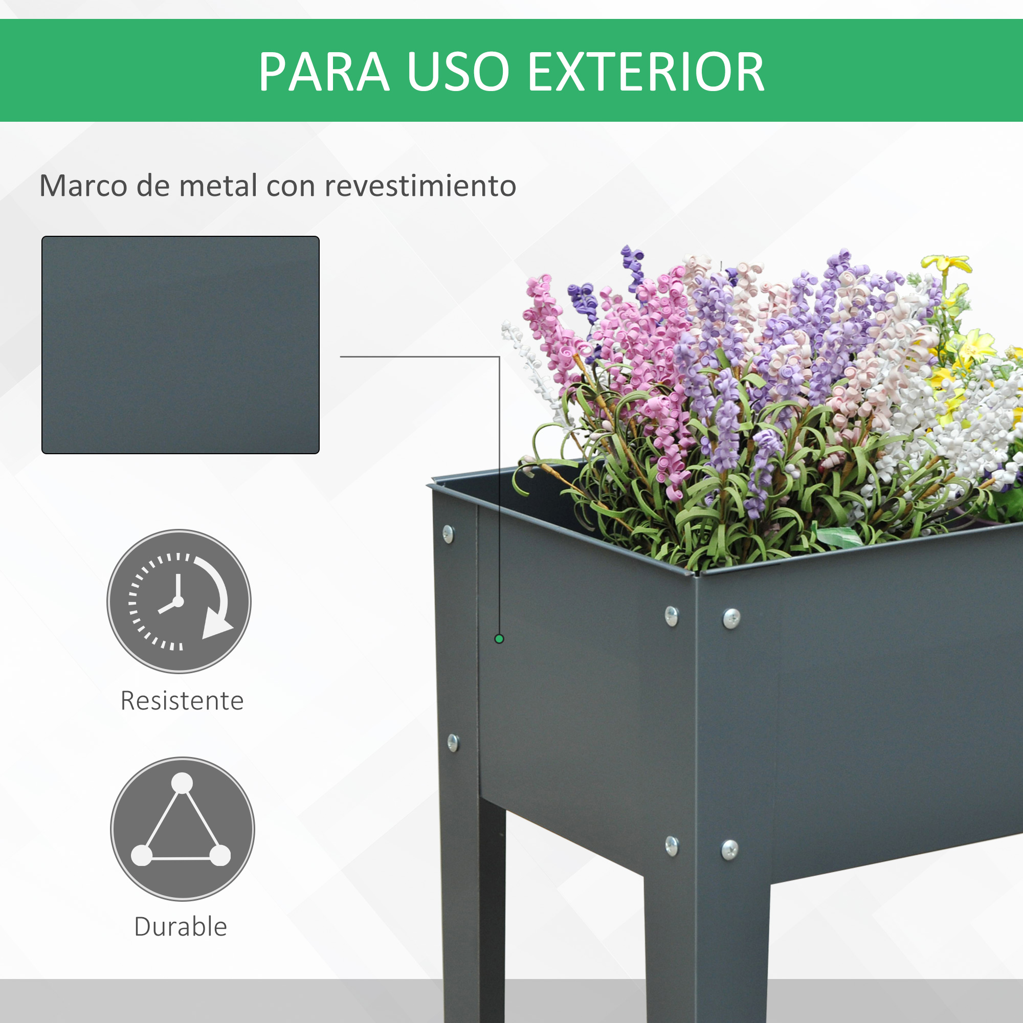 Una jardinera gris para exteriores con flores coloridas. Marco de metal.
