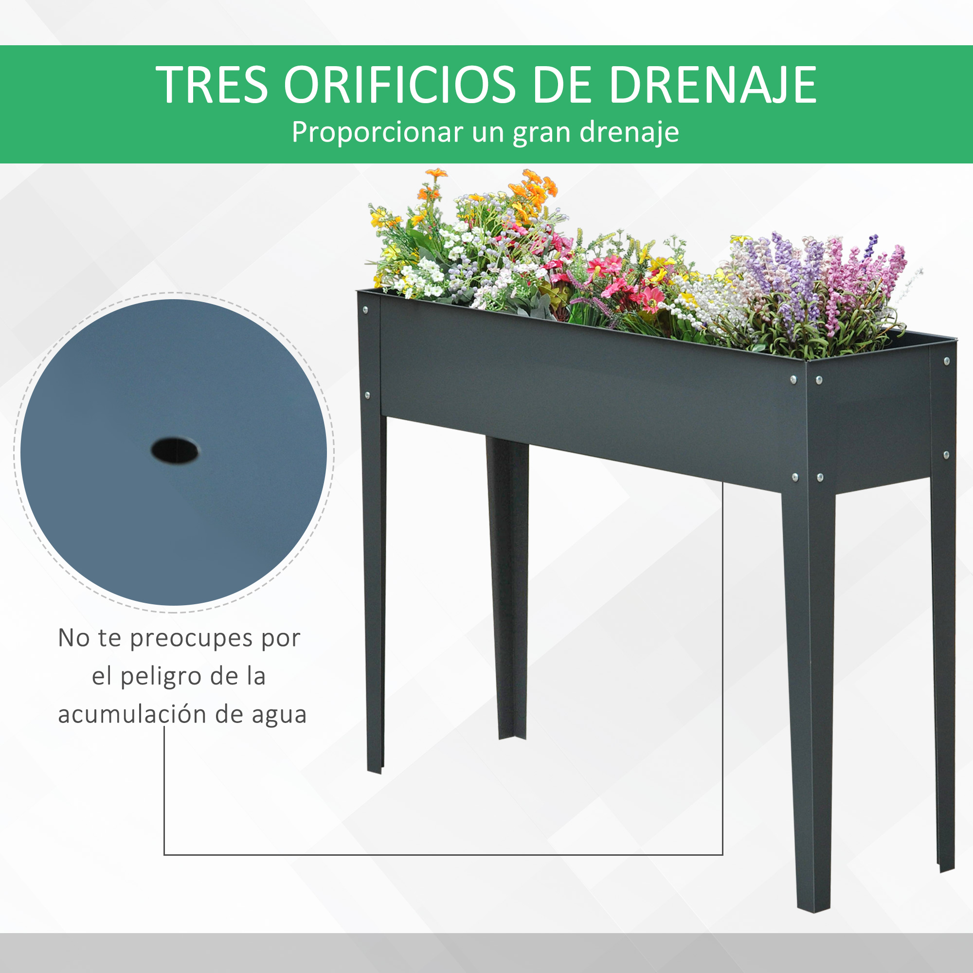 Una jardinera rectangular oscura con muchas flores coloridas y tres patas.