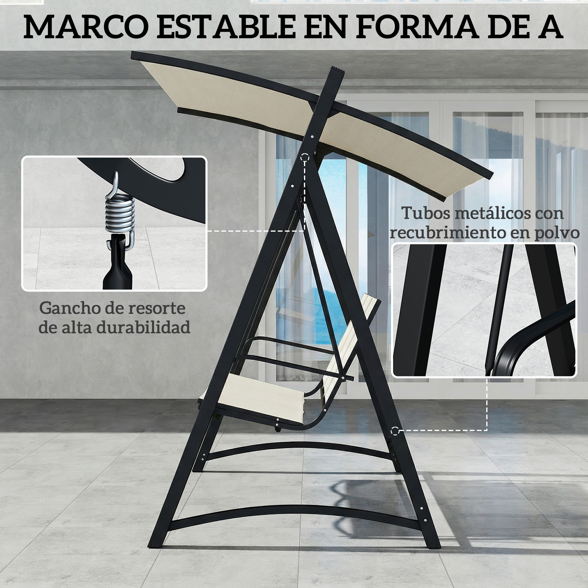 Una mecedora negra con marco en A y toldo y asiento beige.