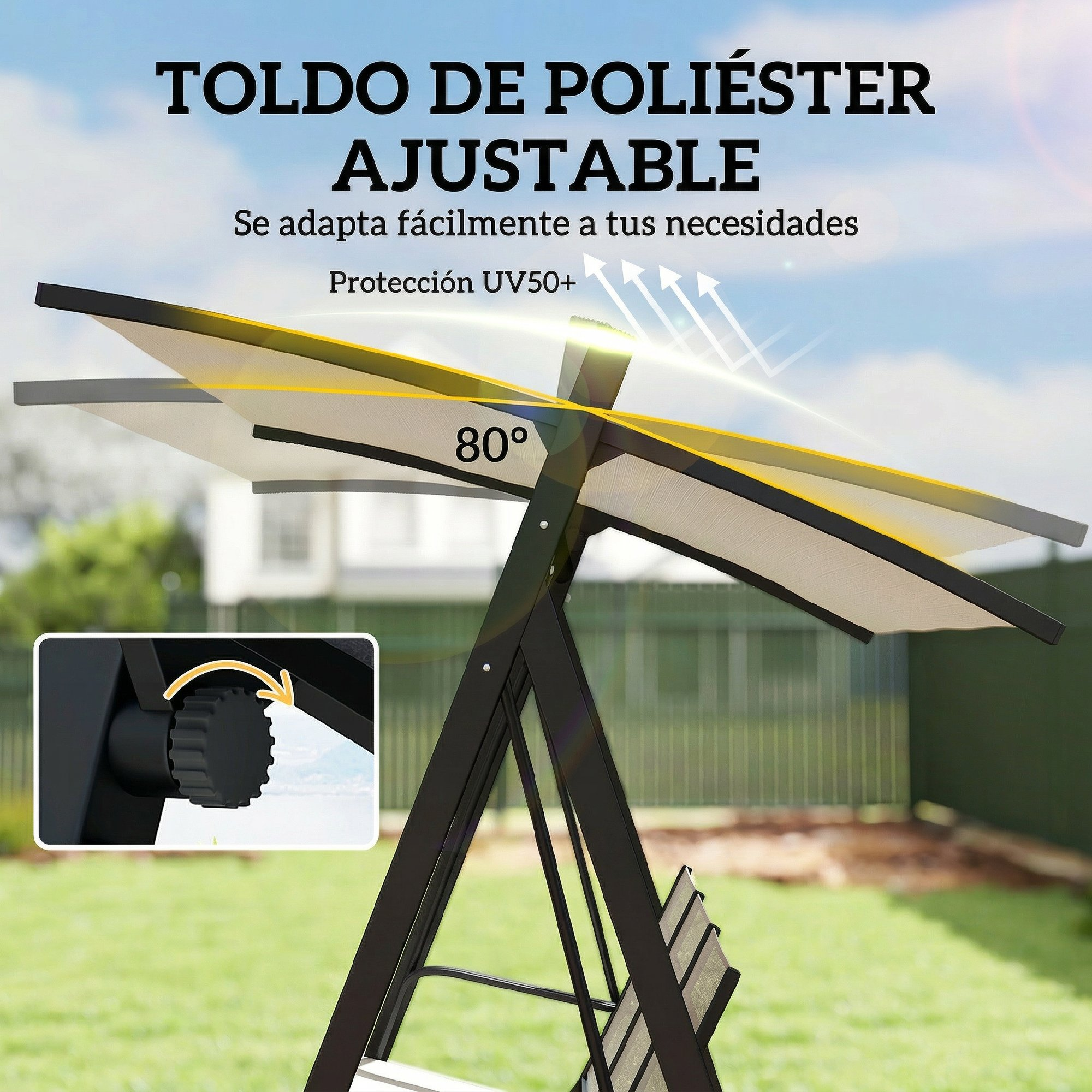 Toldo de poliéster ajustable con protección UV50+ a 80 grados.
