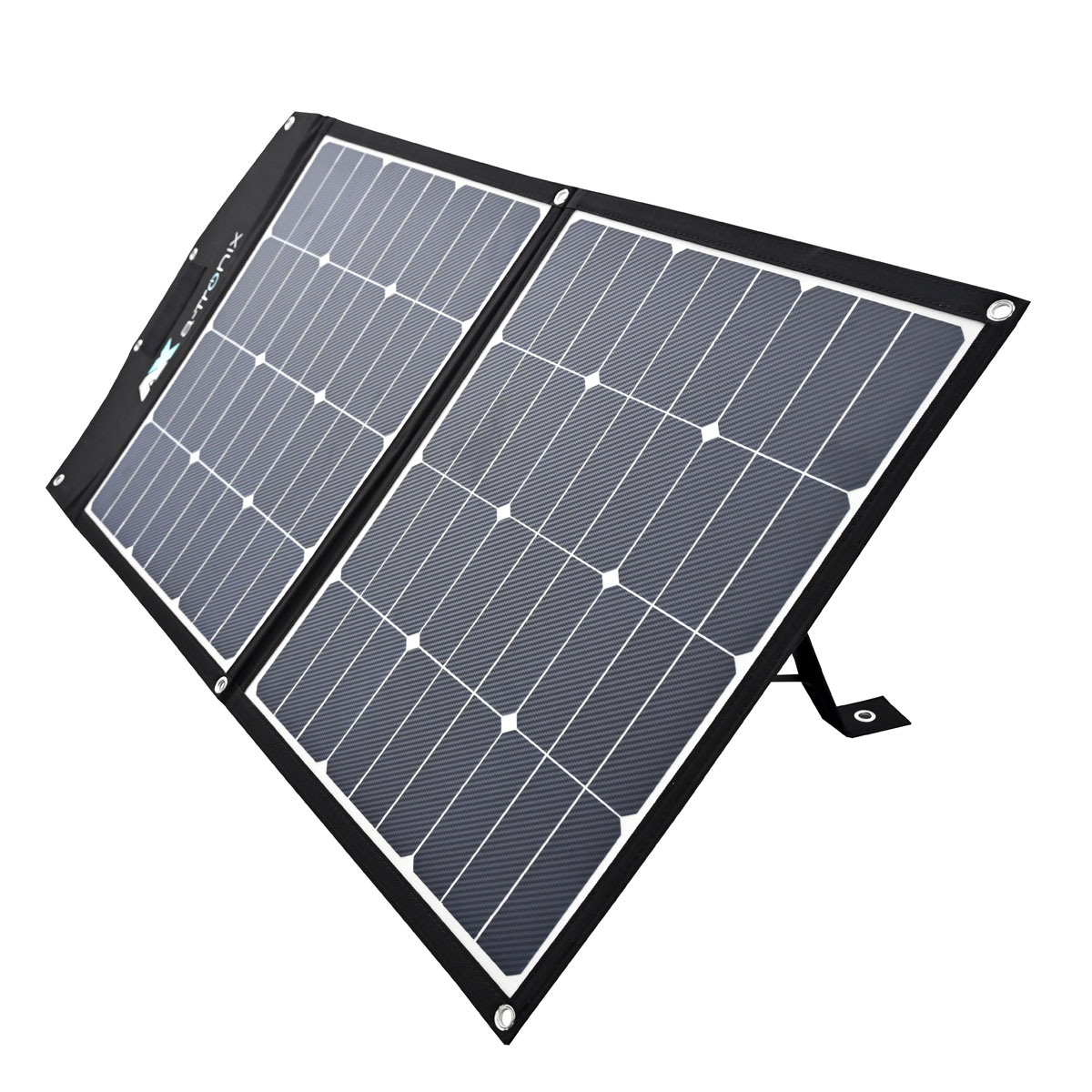 Ein zusammenklappbares Solarpanel mit zwei grauen Paneelen und schwarzem Rahmen.