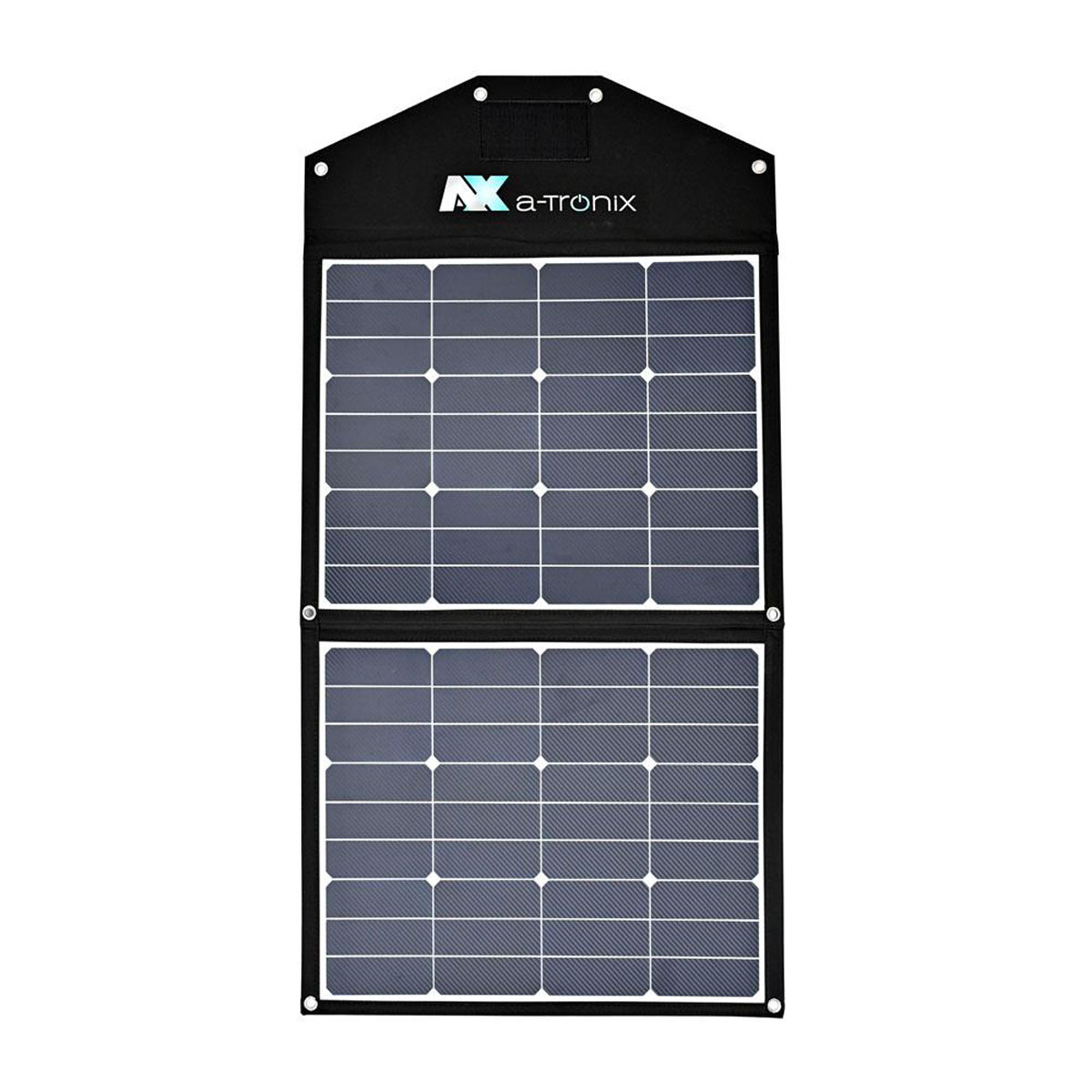 Ein zusammenklappbares Solarpanel mit dem Logo 'a-tronix' oben.