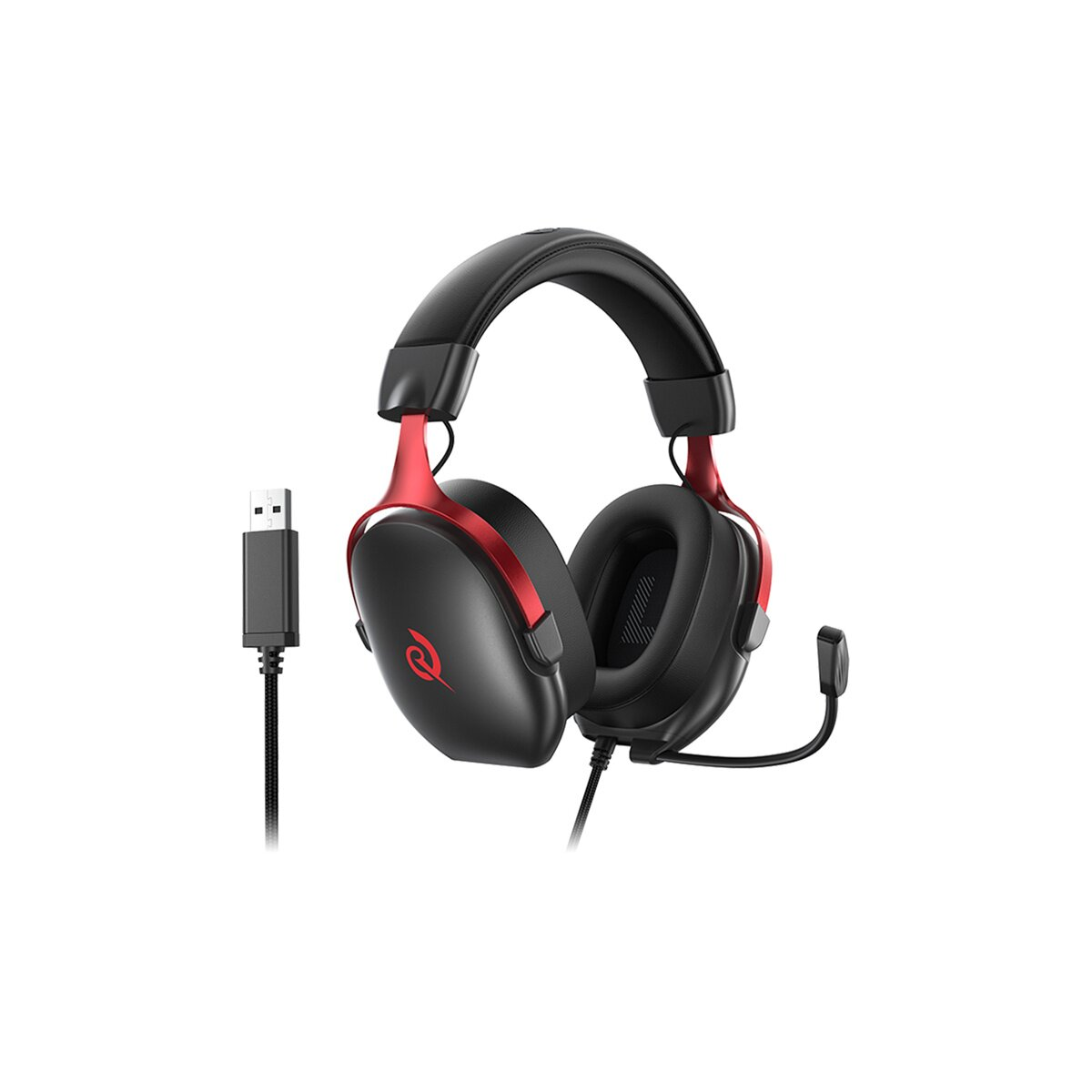 Schwarz-rotes Gaming-Headset mit USB-Anschluss und Mikrofon.