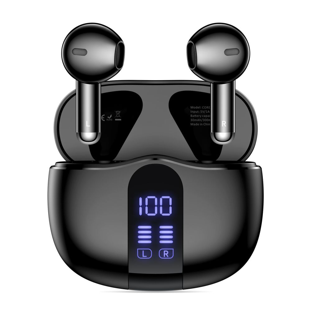 Auricolari wireless neri con custodia di ricarica che mostra il 100% della batteria.